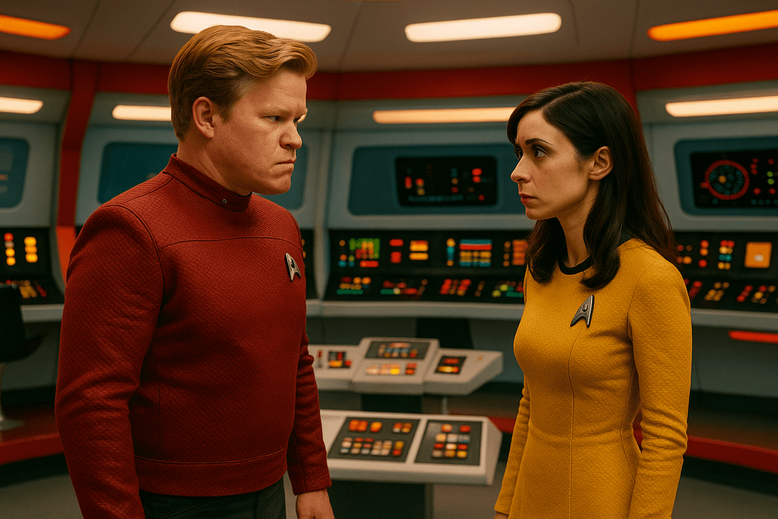 Robert Daly in a maroon uniform and Nanette Cole in yellow stand on a brightly lit starship bridge.