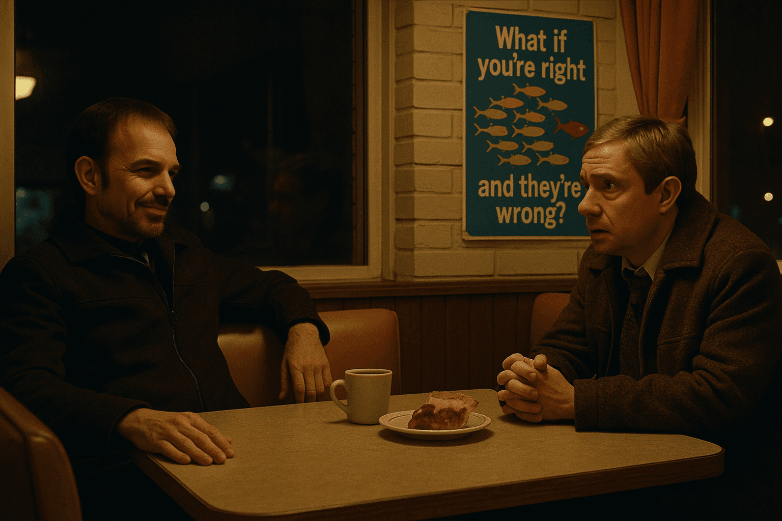 Illustration of Lorne Malvo and Lester Nygaard seated at a diner table beneath the 'What if you're right and they're wrong?' poster.