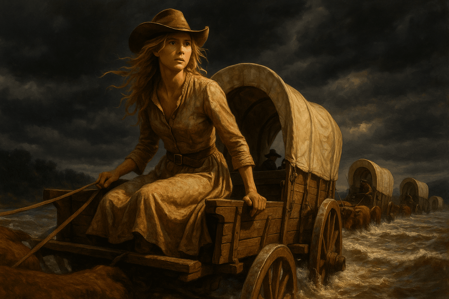 Elsa Dutton sits at the front of a covered wagon crossing a river beneath dark clouds.