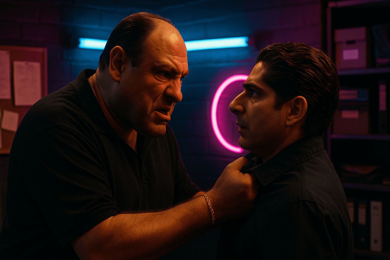 Tony Soprano grips Christopher Moltisanti's collar in a neon-lit room.