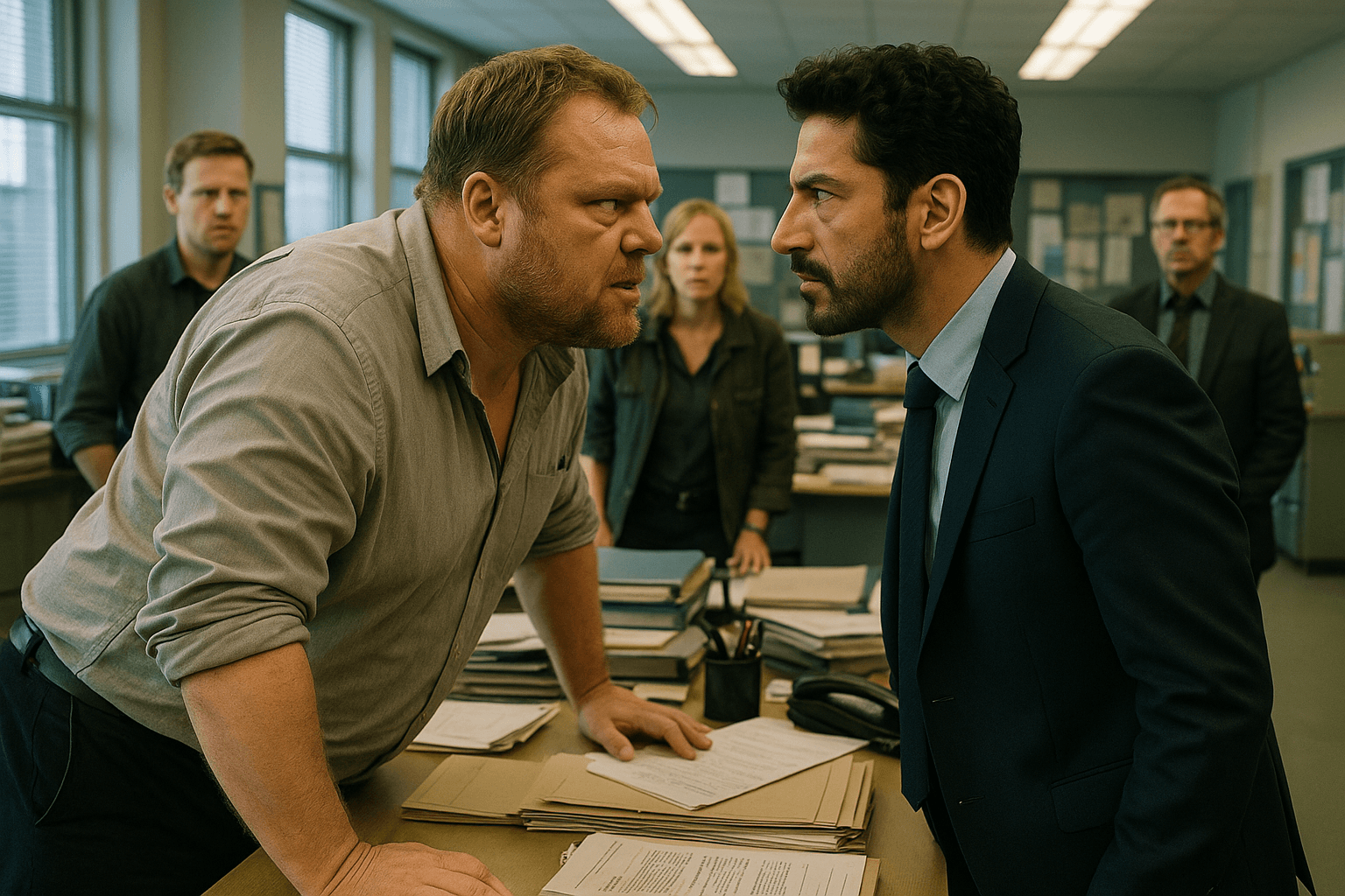 Kurt Grimmer and Erol Birkan face one another across a desk in a police office.