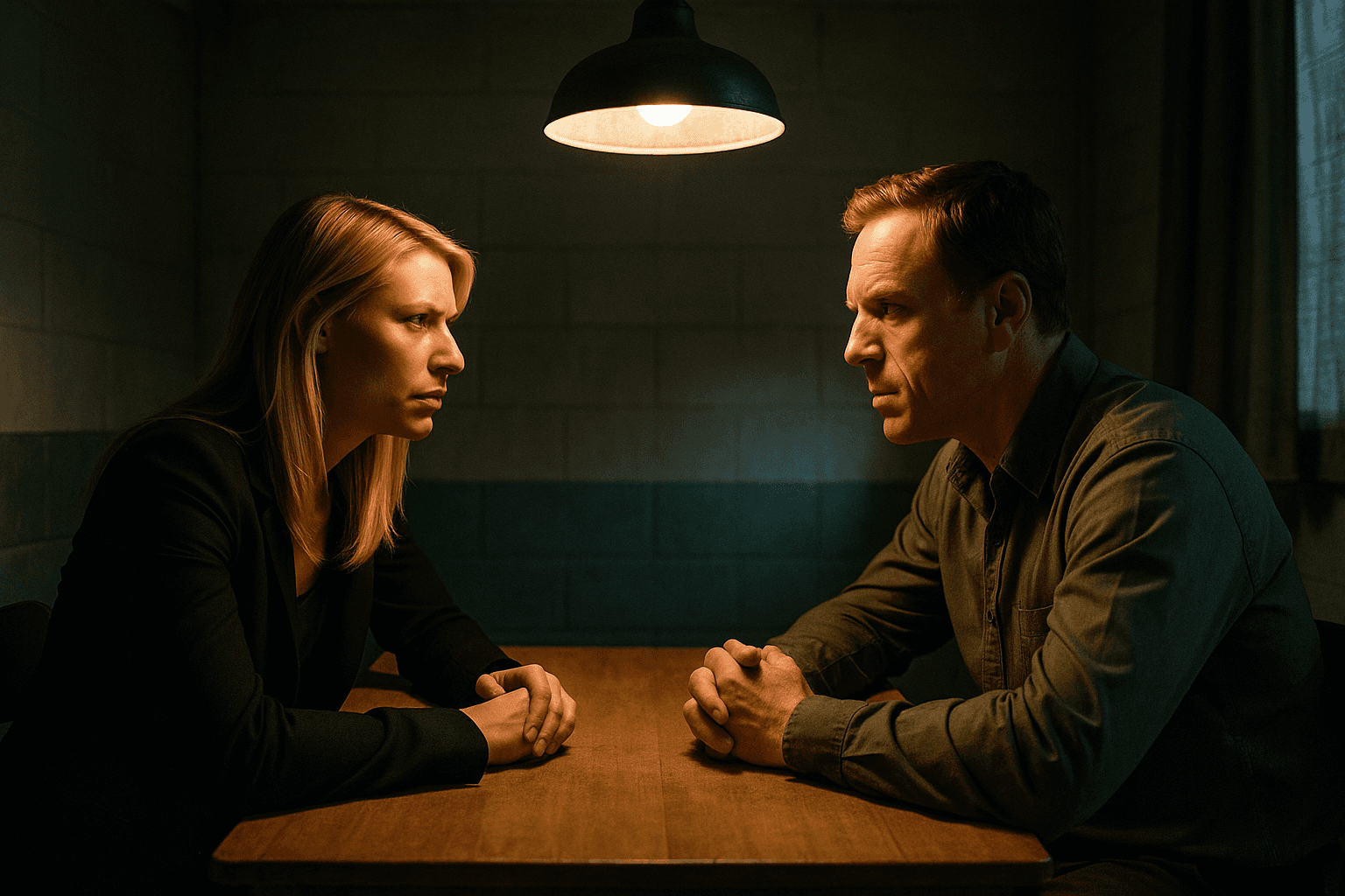 Carrie Mathison (Claire Danes) and Nicholas Brody (Damian Lewis) face off across a table in a dim safehouse, tense expressions under a harsh light – a confrontation scene from Homeland.