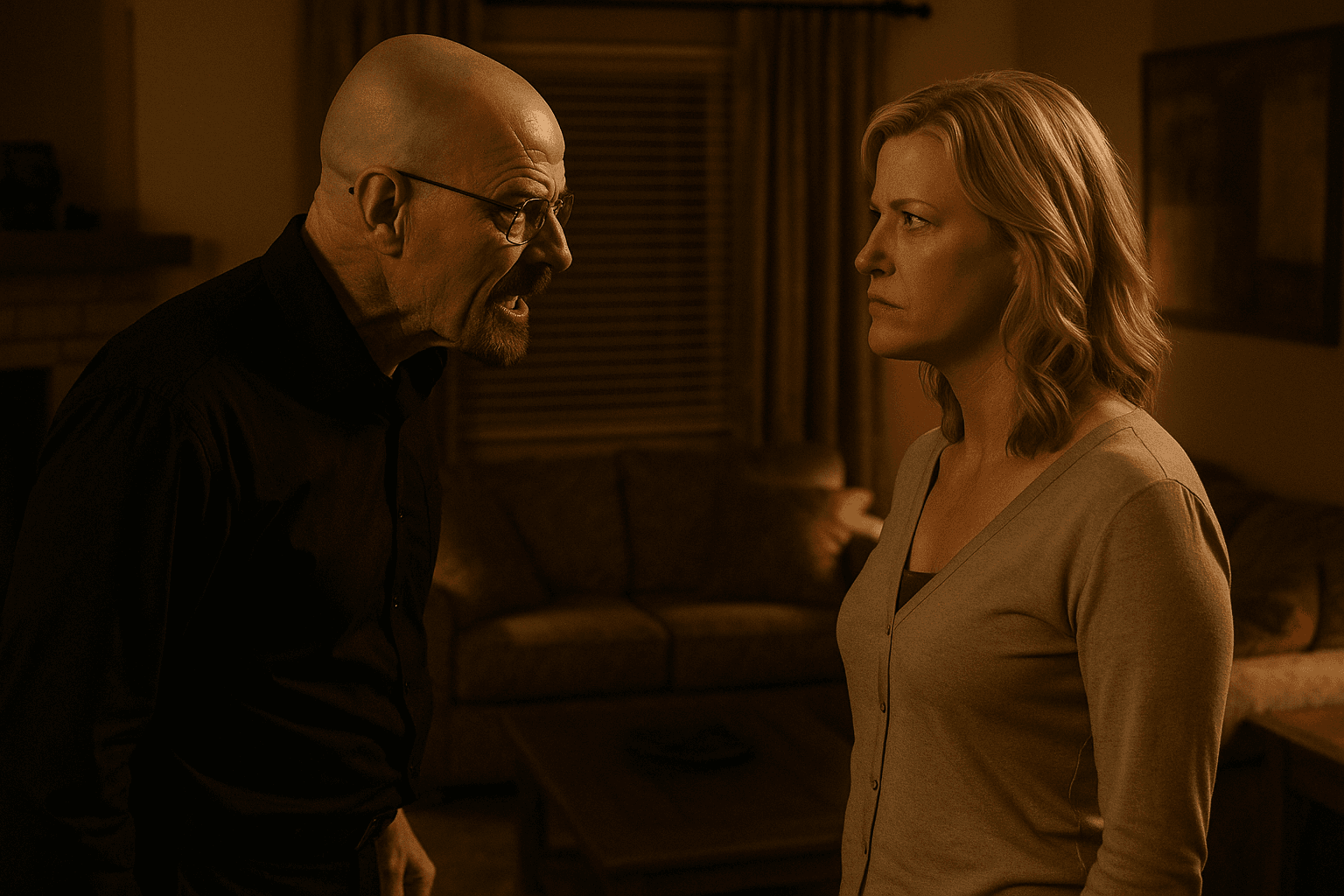 Walter White (Bryan Cranston) faces off with Skyler White (Anna Gunn) in their home, both looking tense and emotional during a heated confrontation.