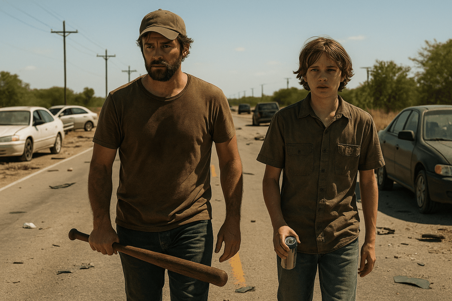 Jake wears a cap and carries a bat as he and Sam walk past abandoned cars.