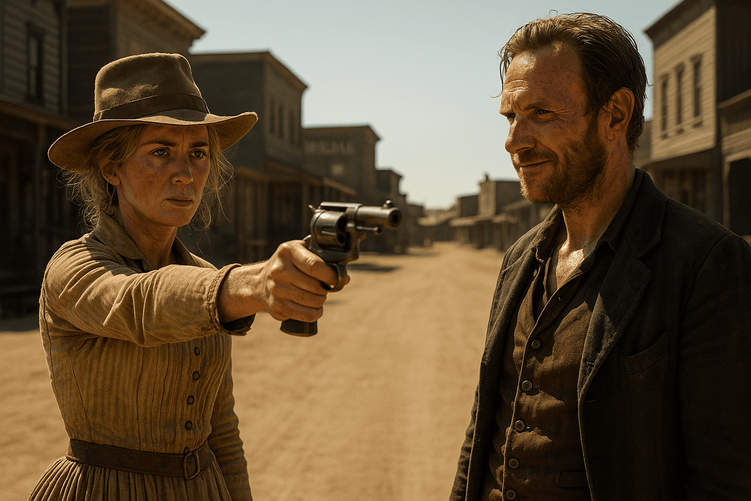 Cornelia aims a pistol towards a man during a frontier confrontation.