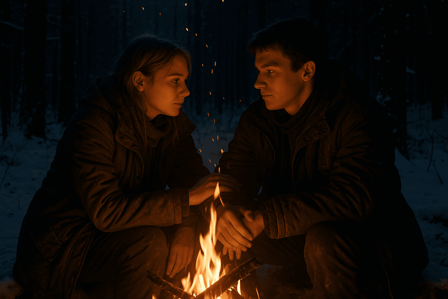 Misha and Polina sit close to a campfire in the dark.