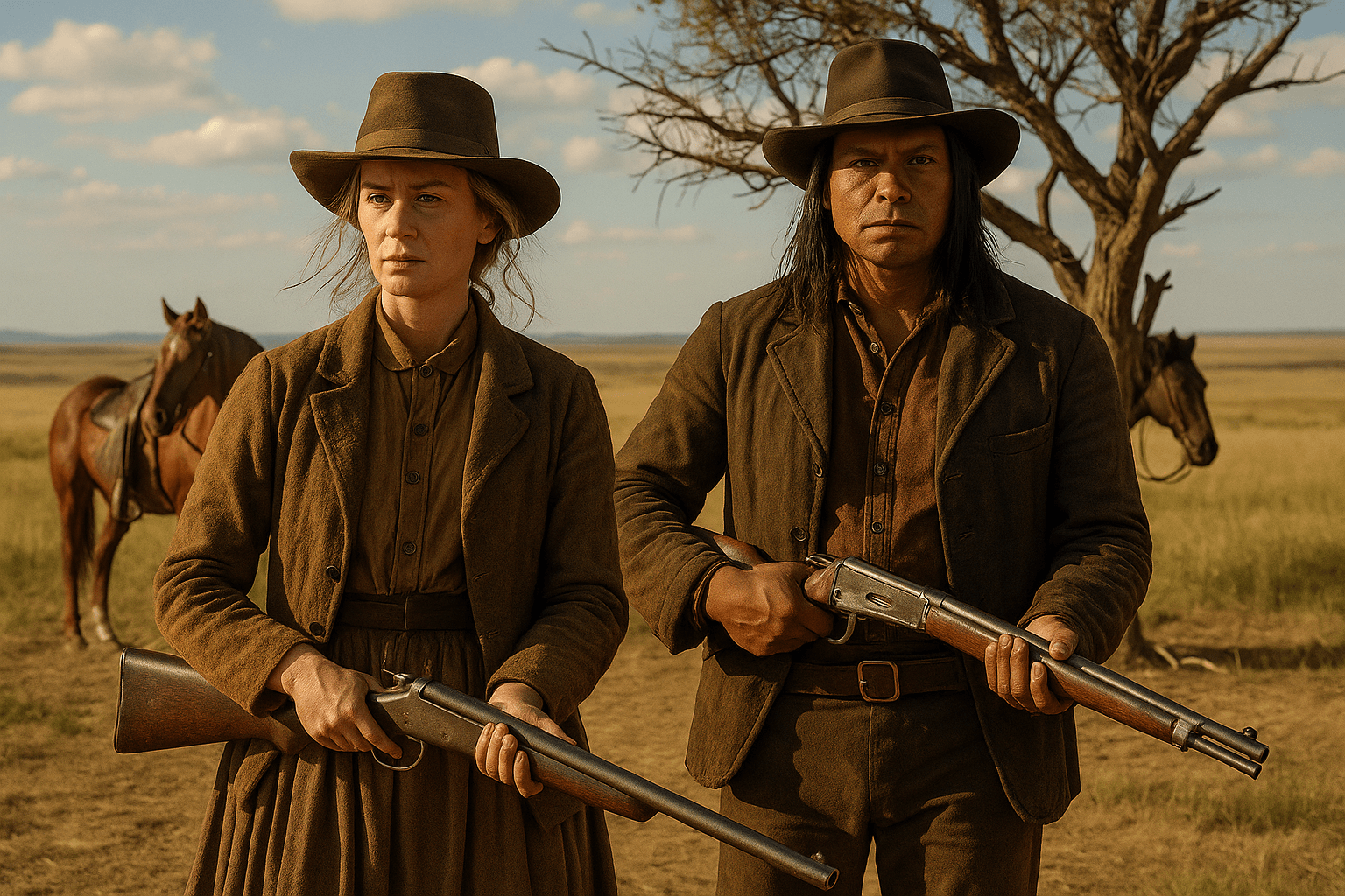 Cornelia and Eli stand holding rifles on open ground, with trees and horses behind them.