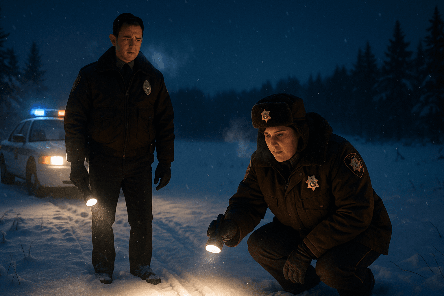 Illustration of Molly Solverson crouching in the snow beside Gus Grimly, with a torch and a police car nearby.