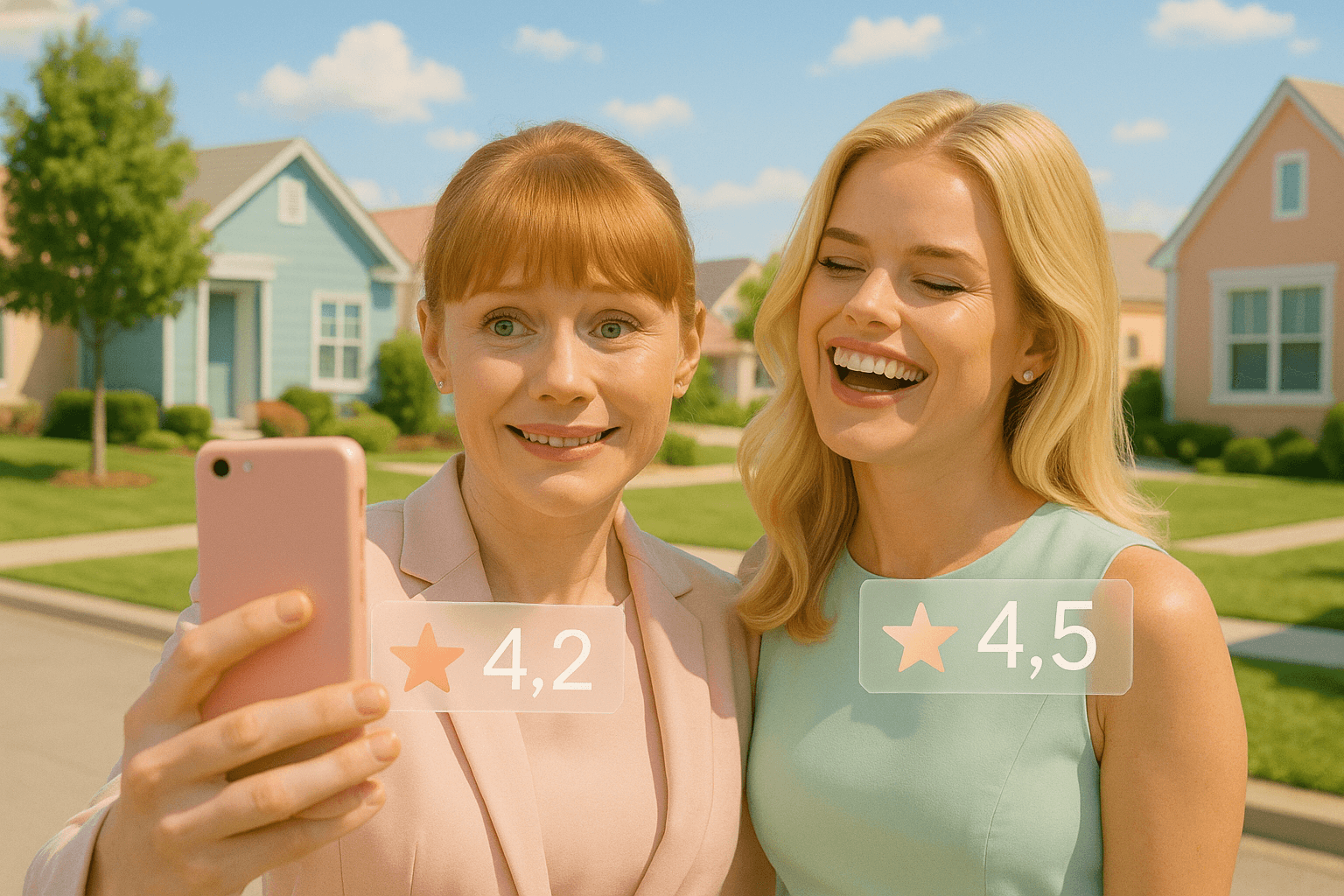 Black Mirror – Nosedive scene with Lacie Pound (Bryce Dallas Howard) in a pastel suburban street, holding her smartphone and smiling anxiously next to her friend Naomi (Alice Eve), illustrating a world where every interaction is rated.