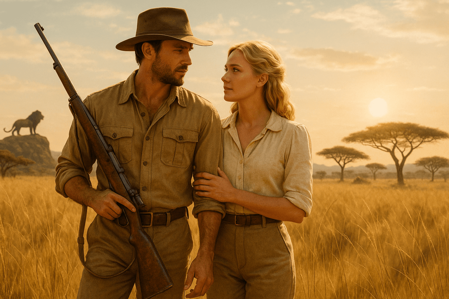 Spencer Dutton (Brandon Sklenar) and Alexandra (Julia Schlaepfer) stand together in the African savannah, armed and vigilant, representing 1923’s blend of romance and adventure beyond Montana.