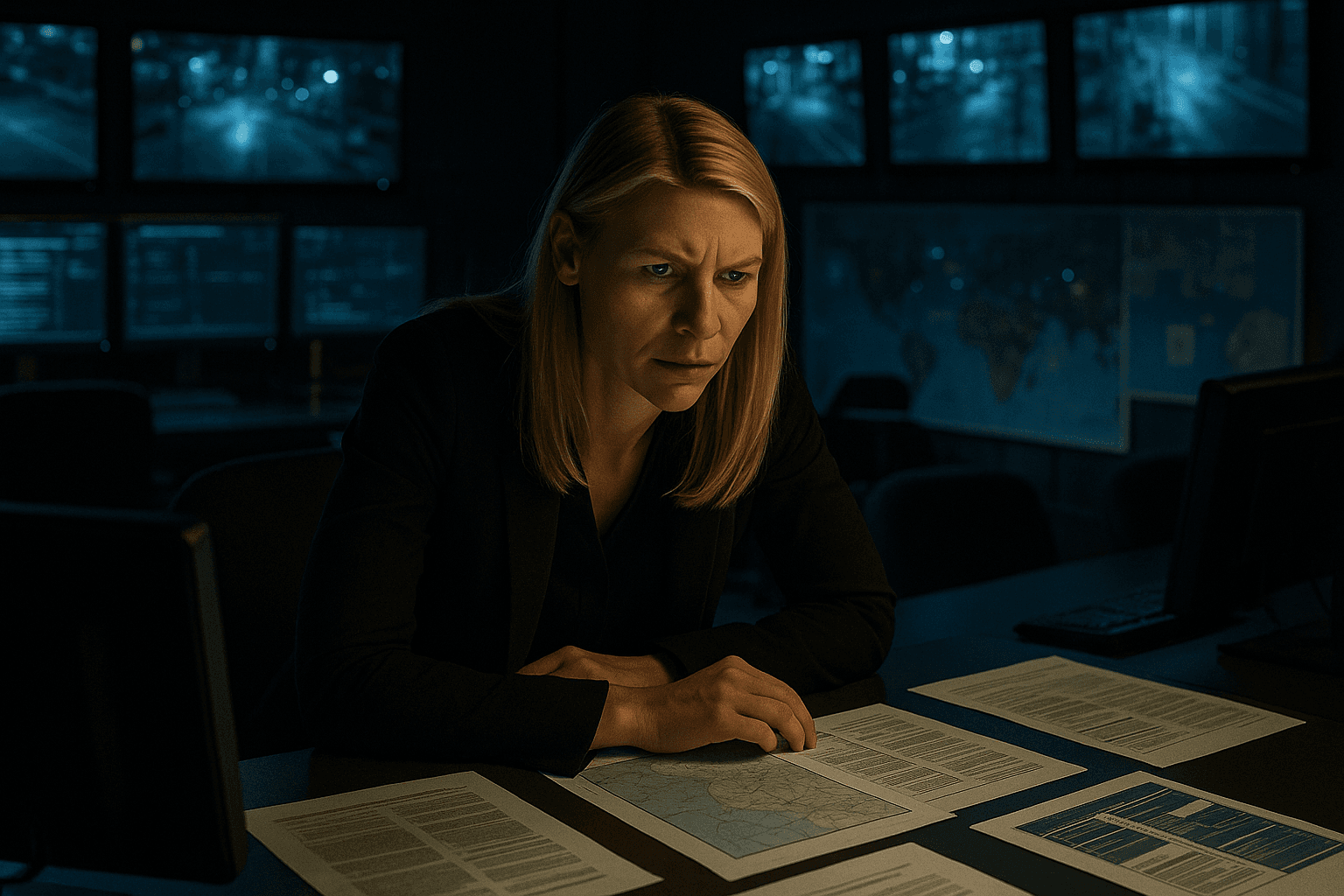 Illustration of Carrie Mathison studying papers and a map at a desk in front of surveillance monitors.