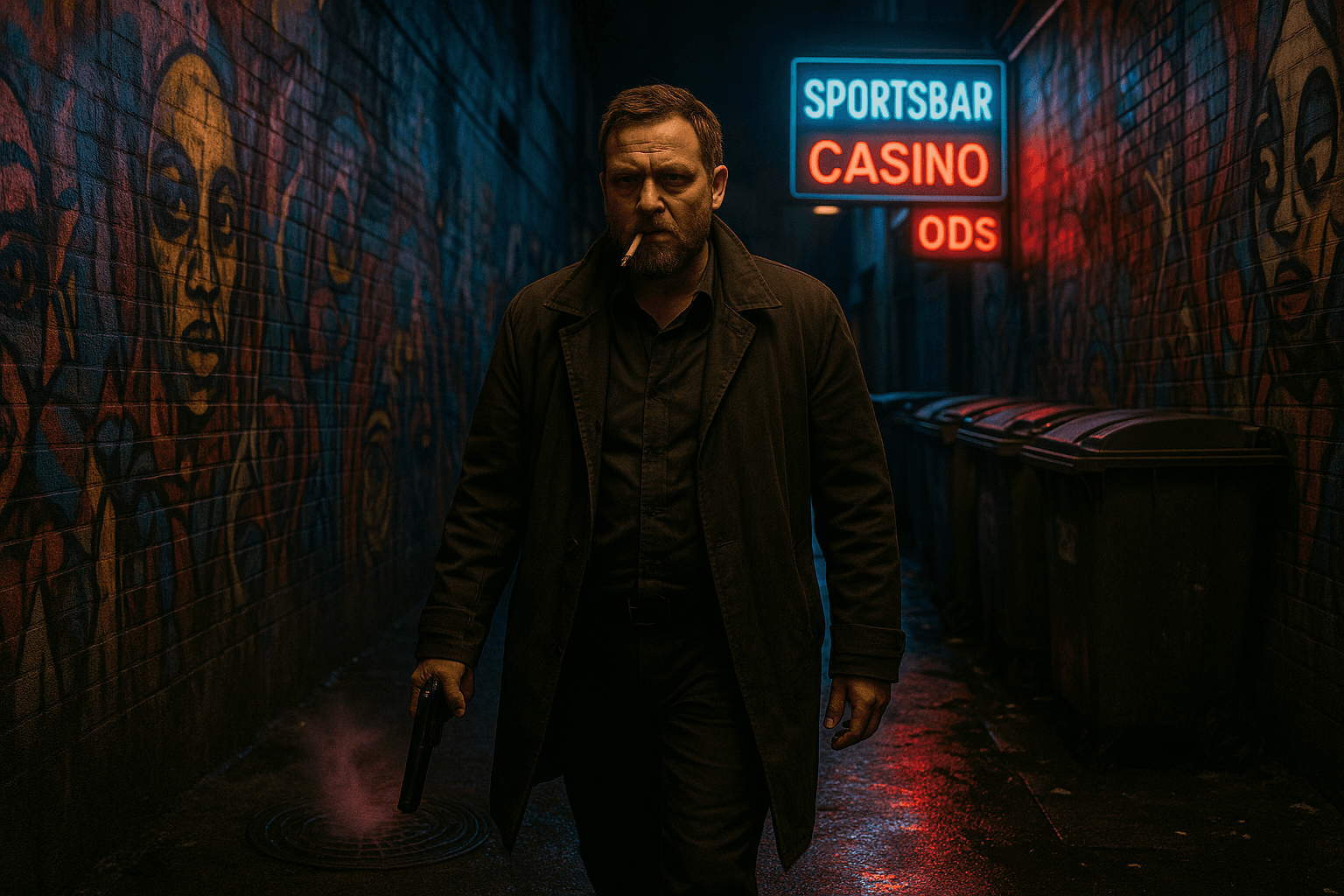 Kurt Grimmer walks through a graffiti-covered alley beneath neon sports-bar and casino signs.