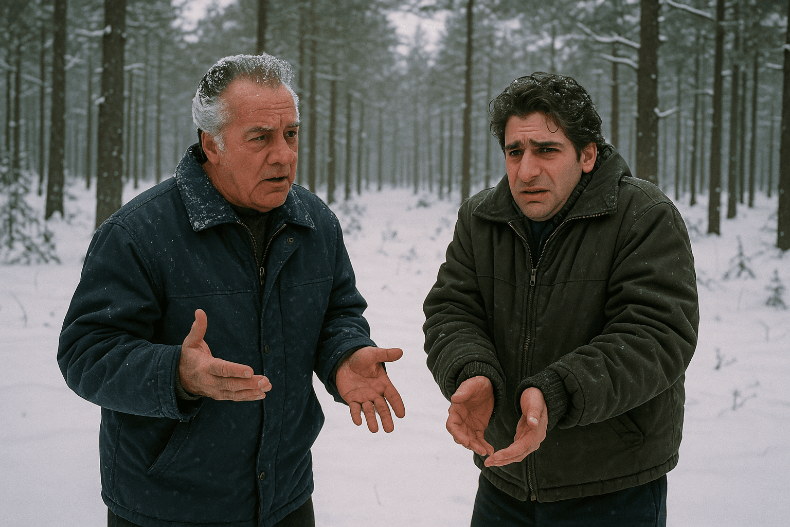 Paulie Gualtieri and Christopher Moltisanti gesture at each other in snowy woodland.
