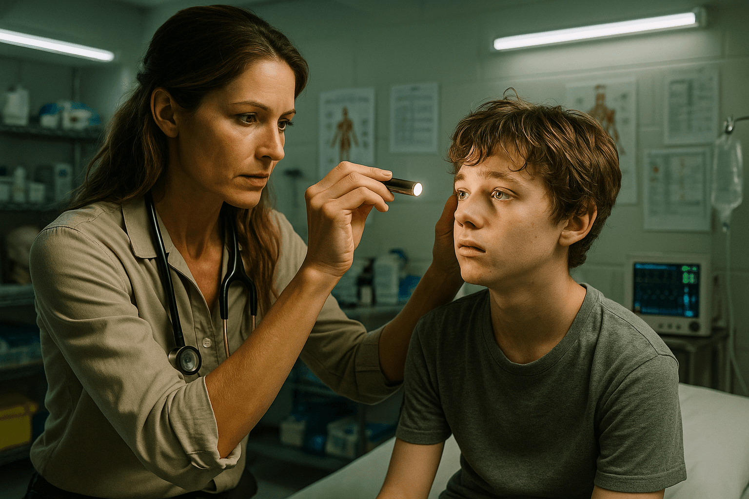 Ally shines a penlight towards Sam's face in a clinical room.