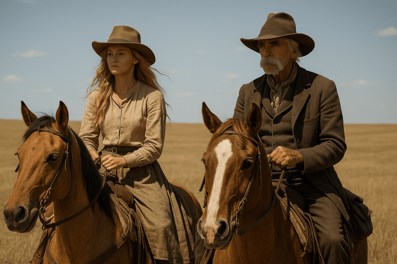 1883 scene of Elsa Dutton (Isabel May) and Shea Brennan (Sam Elliott) on horseback traversing the open prairie.