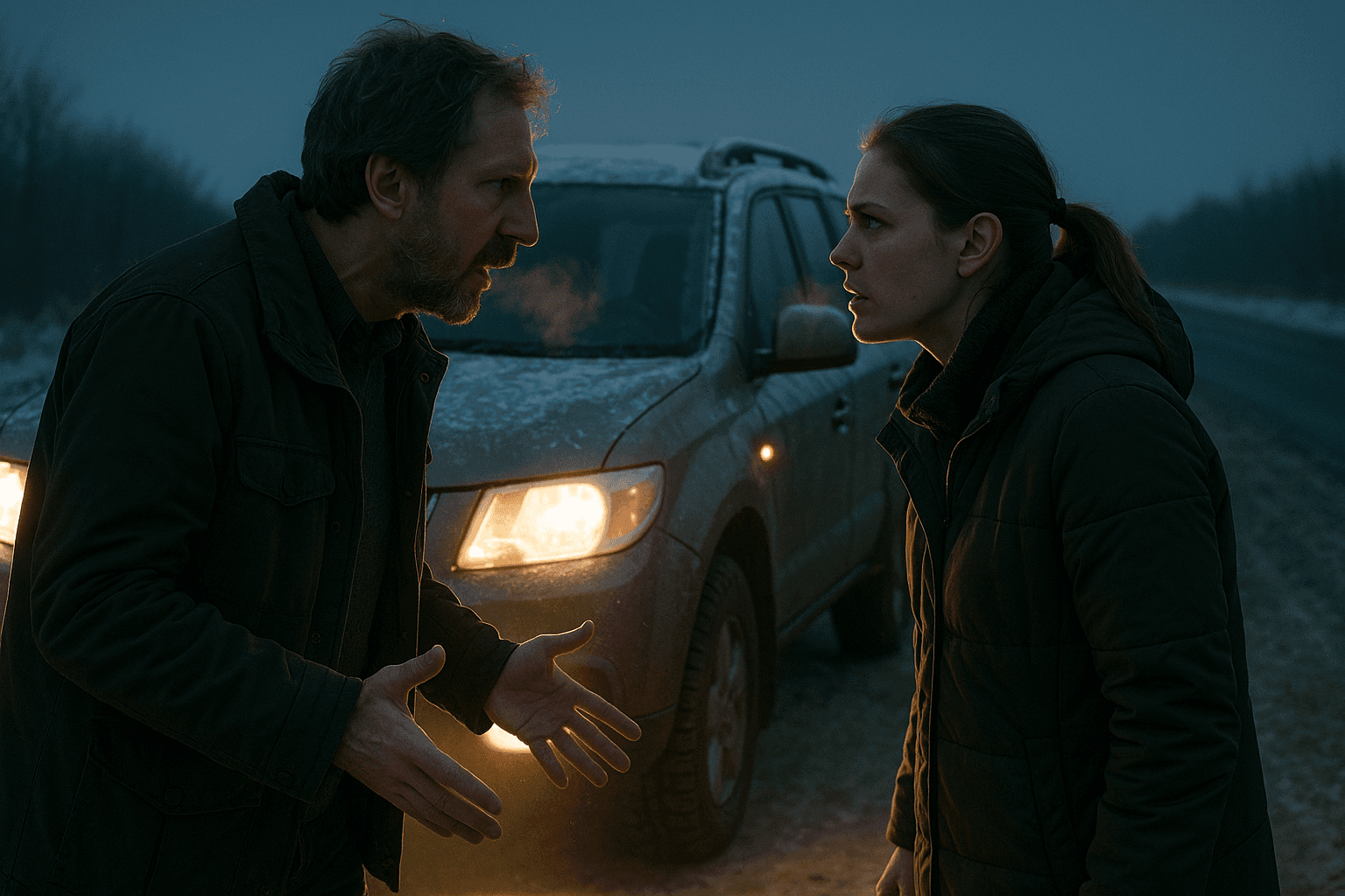 Sergey and Irina argue beside a vehicle with its headlights on at dusk.