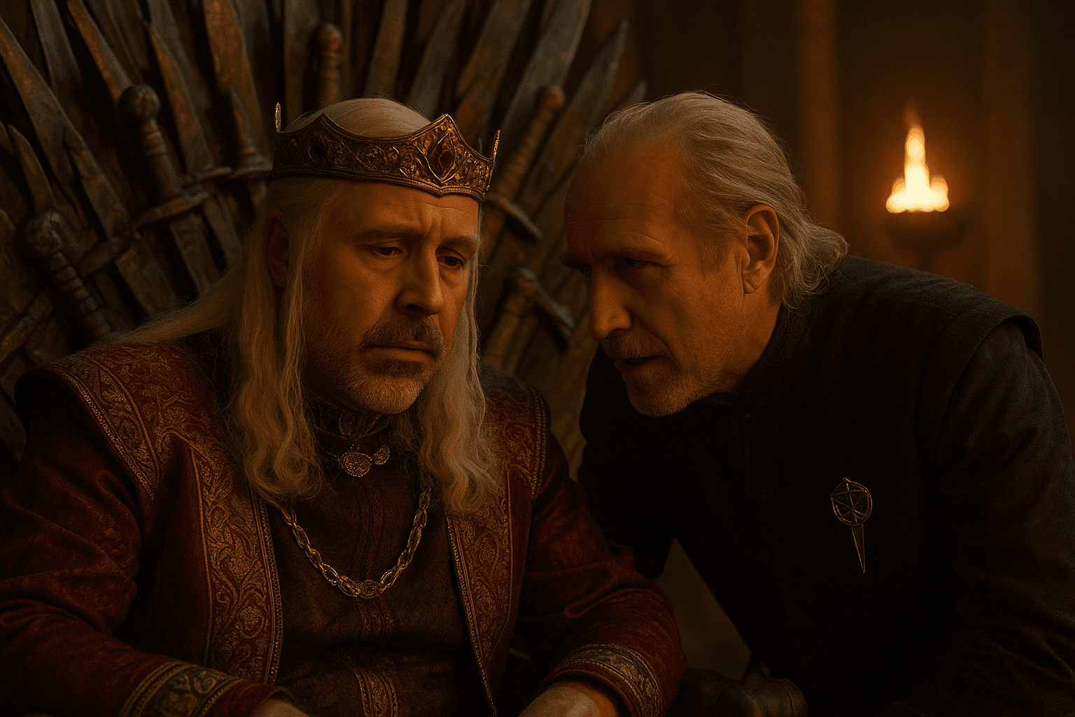 King Viserys I (Paddy Considine) sits on the Iron Throne looking weary as Hand of the King Otto Hightower (Rhys Ifans) stands beside him advising, in a torchlit throne room