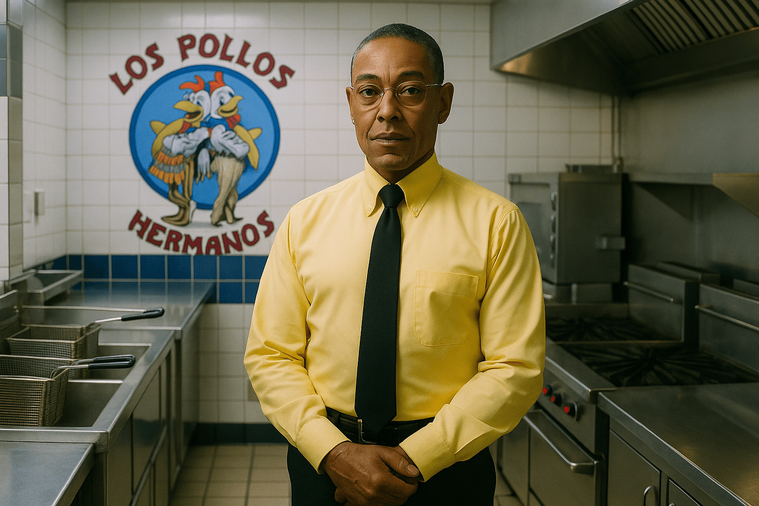 Giancarlo Esposito as Gus Fring in a Los Pollos Hermanos restaurant kitchen, standing calmly in a tidy yellow shirt and tie, exemplifying his dual nature as friendly businessman and ruthless drug kingpin.