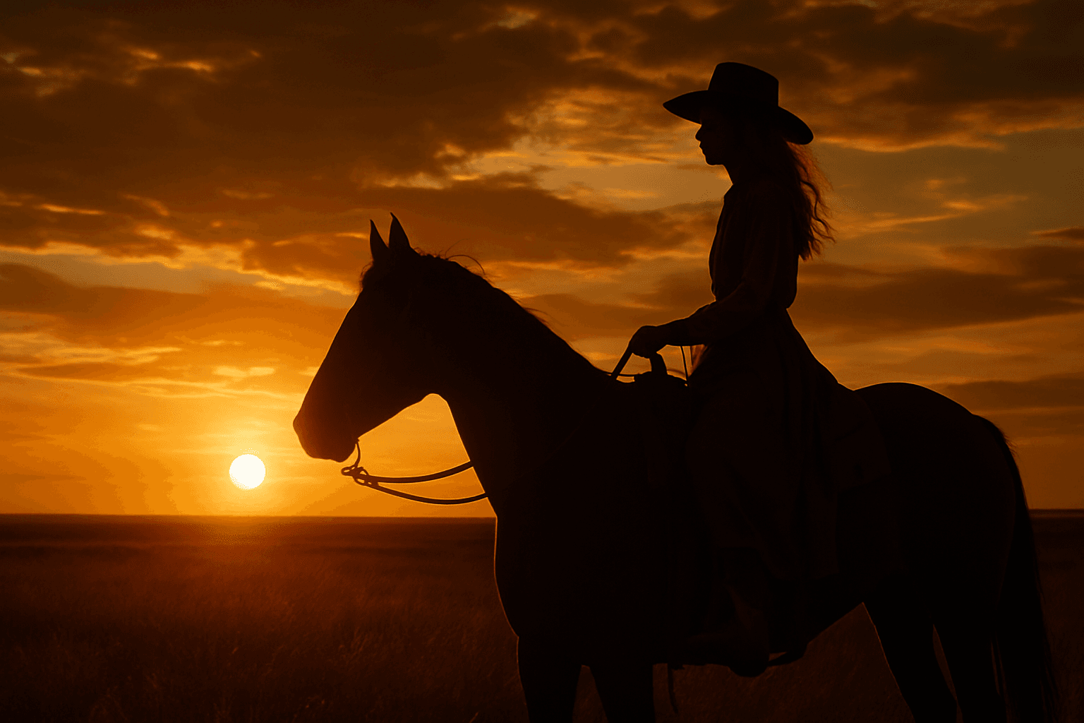 Cinematic shot from 1883 of Elsa Dutton on horseback against a vast sunset sky on the prairie.