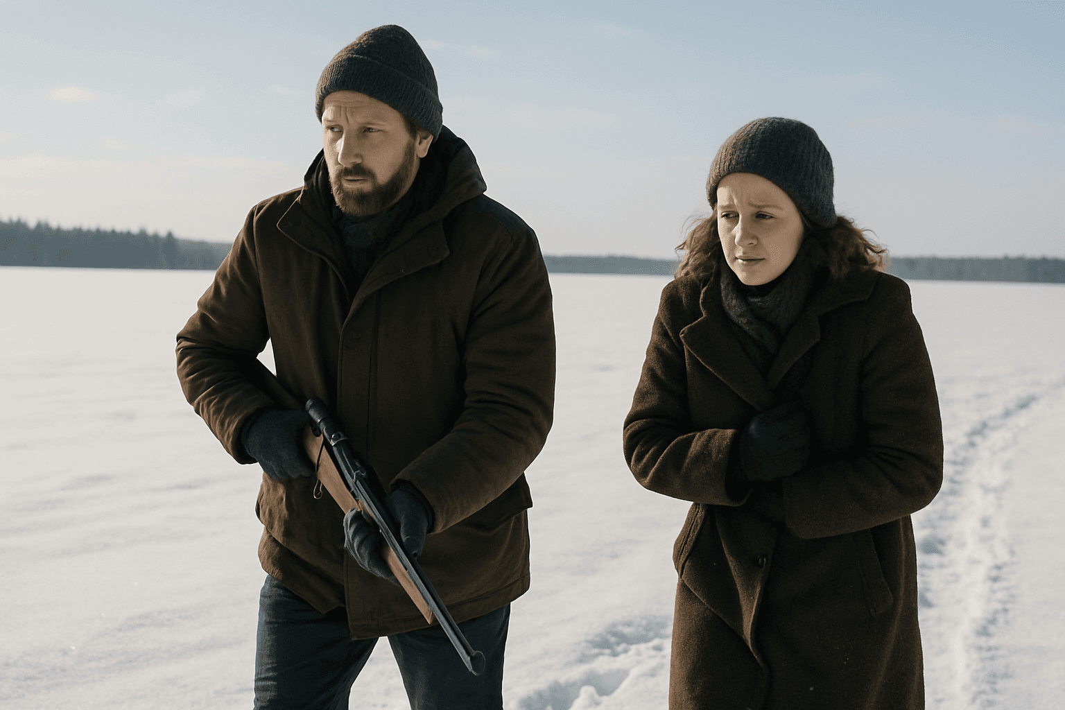 A man and woman in winter hats and coats walk across a snowfield carrying a rifle.