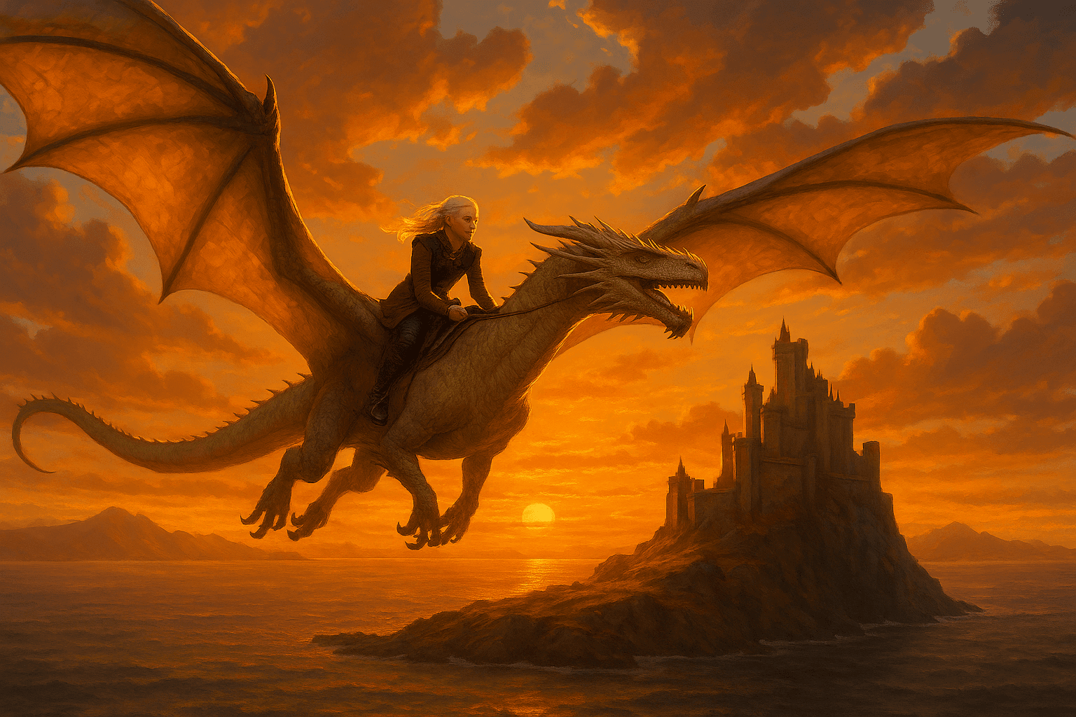 A silver-haired rider flies a dragon above an island castle at sunset.