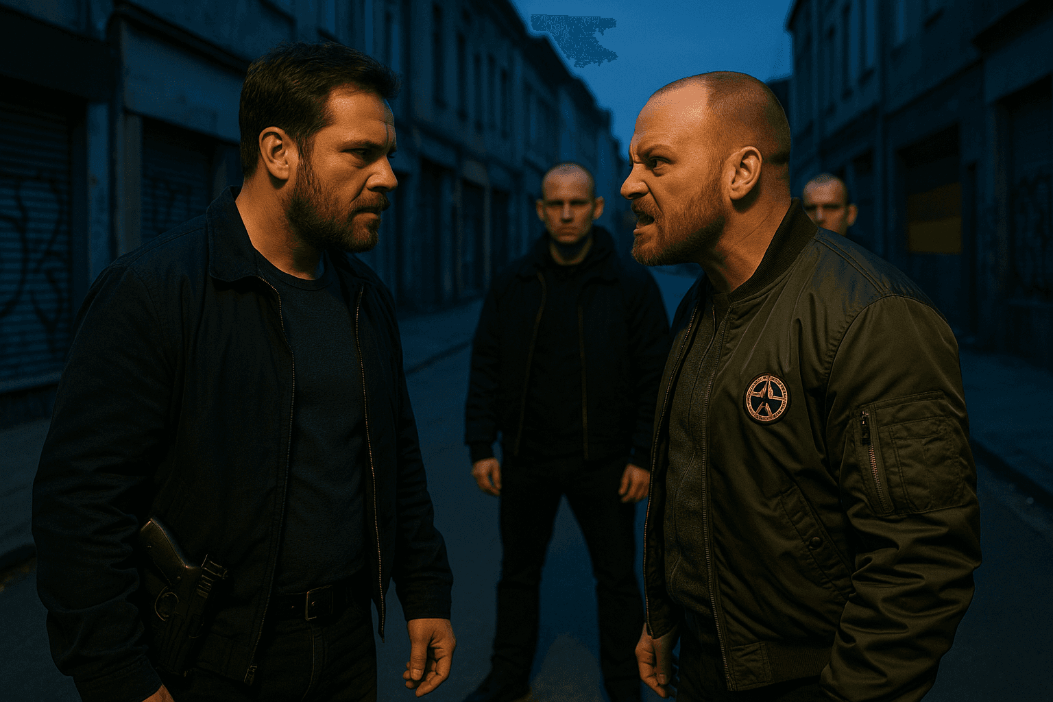 Corrupt cop Kurt Grimmer (Felix Kramer) confronts his neo-Nazi brother Ulf Grimmer (Sebastian Zimmler) on an empty Berlin street at dusk, each glaring intensely as gang members look on – a stark depiction of the series’ familial and ideological conflicts.