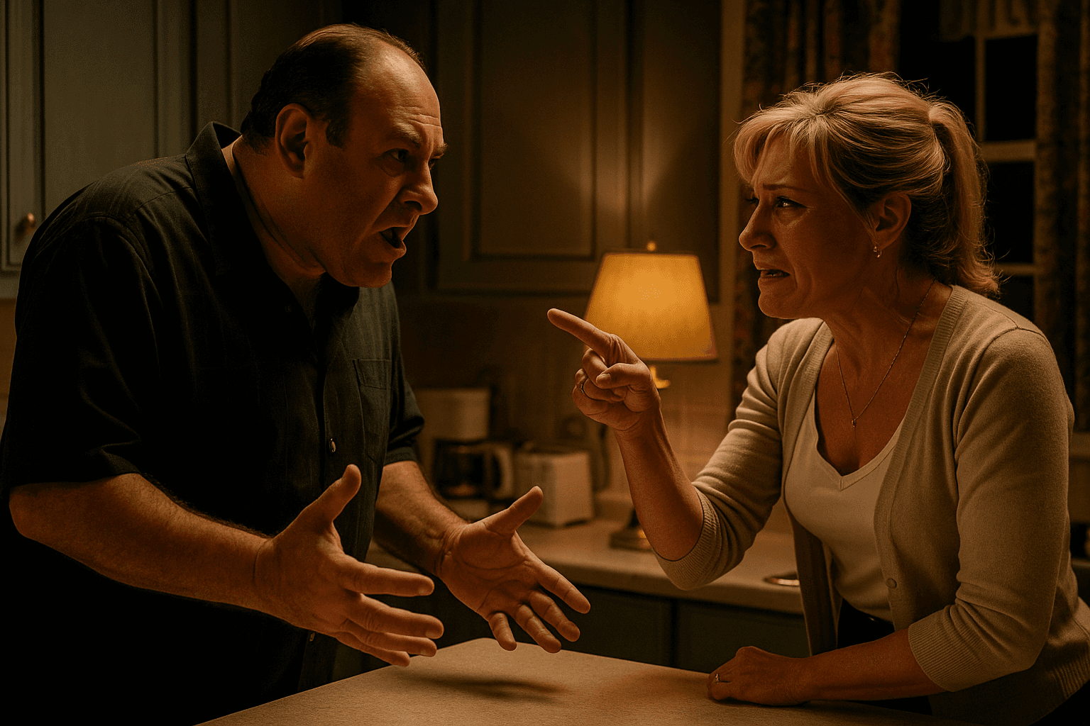 Tony and Carmela Soprano face each other during an argument in their kitchen.