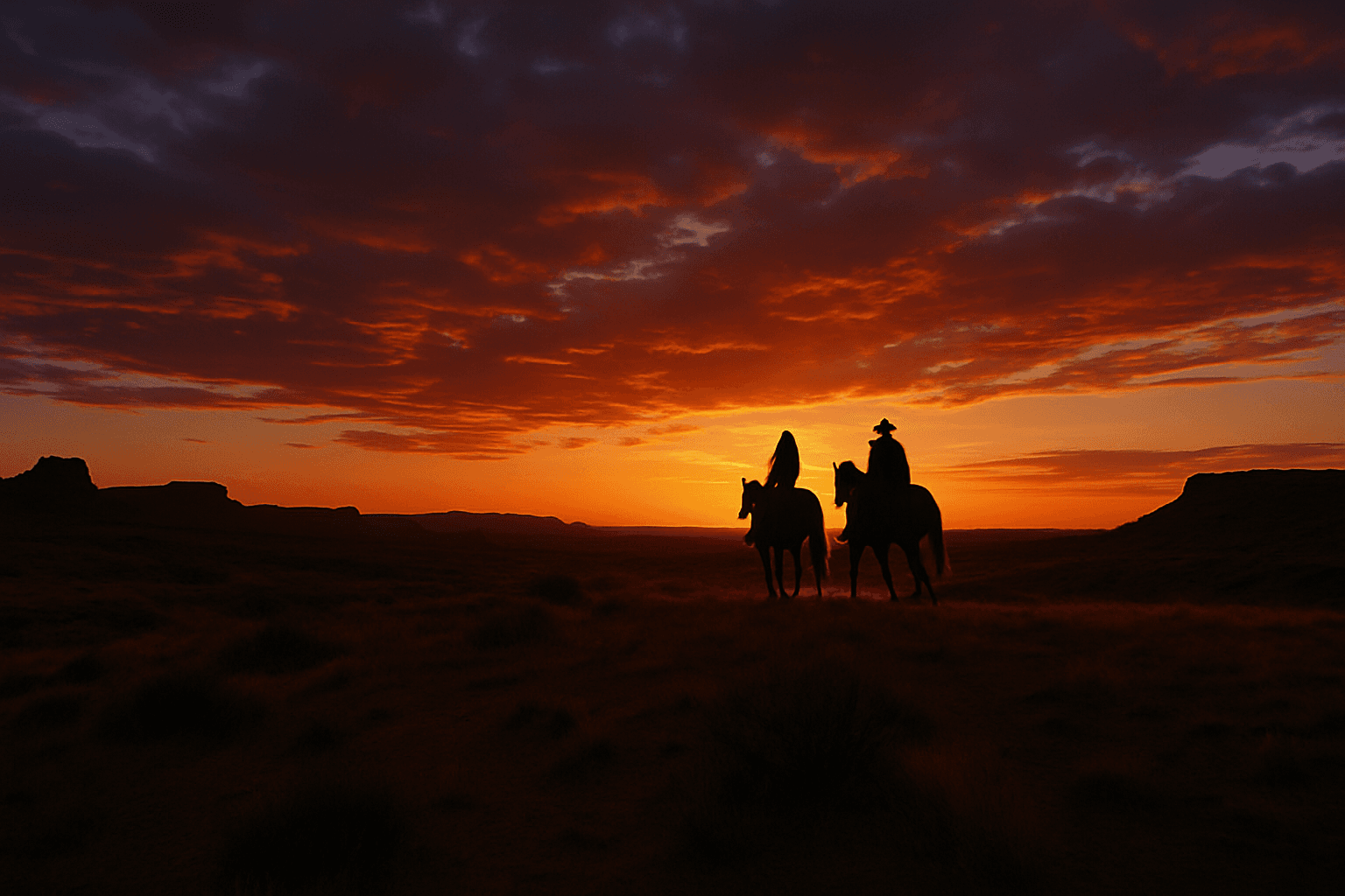 Two riders cross open country in silhouette against a warm sunset.
