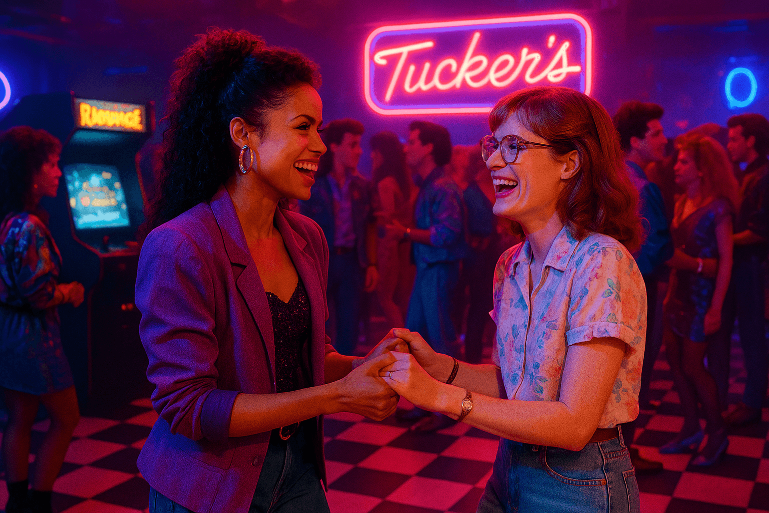 Black Mirror – San Junipero scene featuring Kelly (Gugu Mbatha-Raw) and Yorkie (Mackenzie Davis) dancing joyfully under neon 1980s nightclub lights, illustrating the episode's vibrant retro atmosphere and emotional warmth.