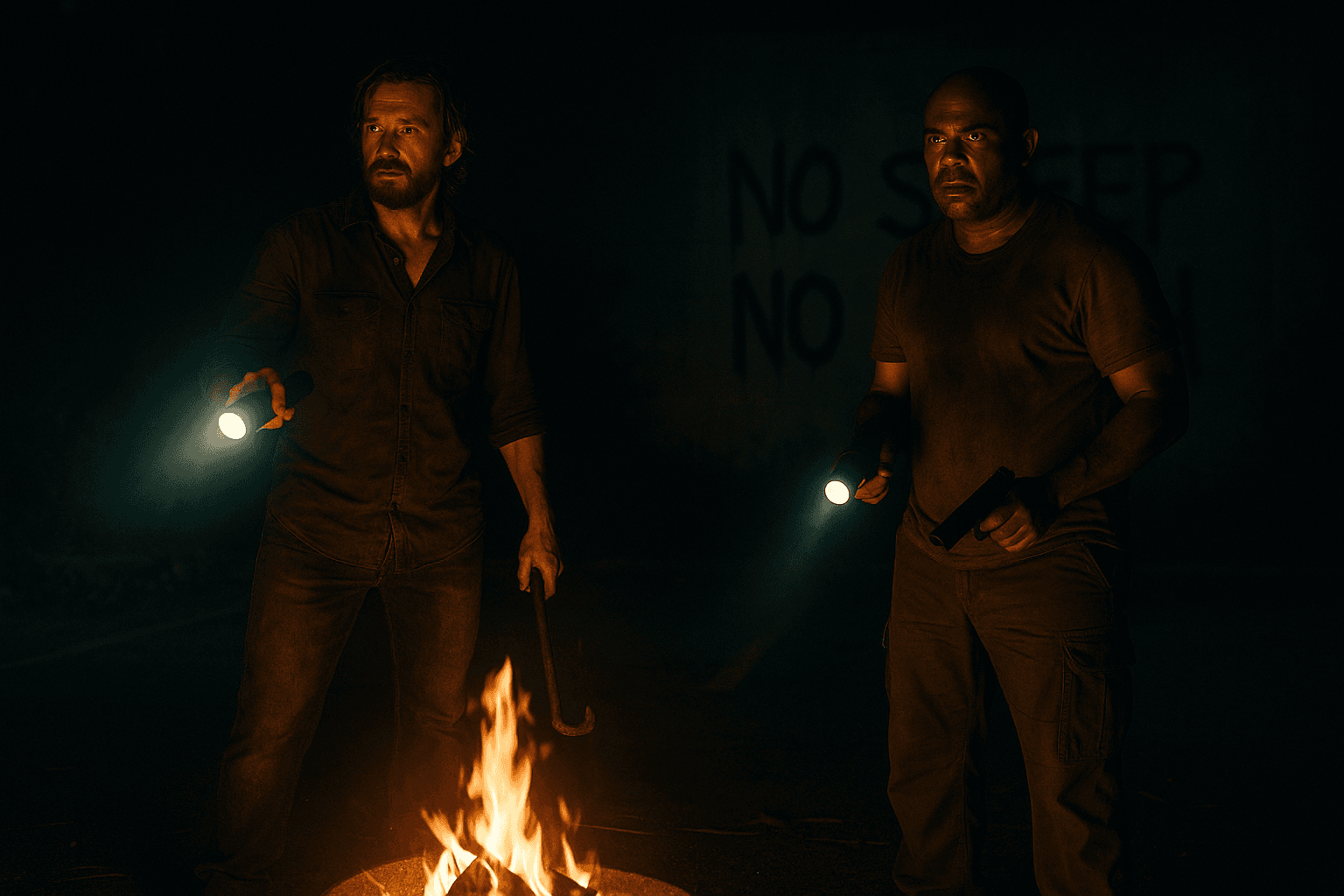 Jake and Ellis stand near a fire holding torches in the dark.
