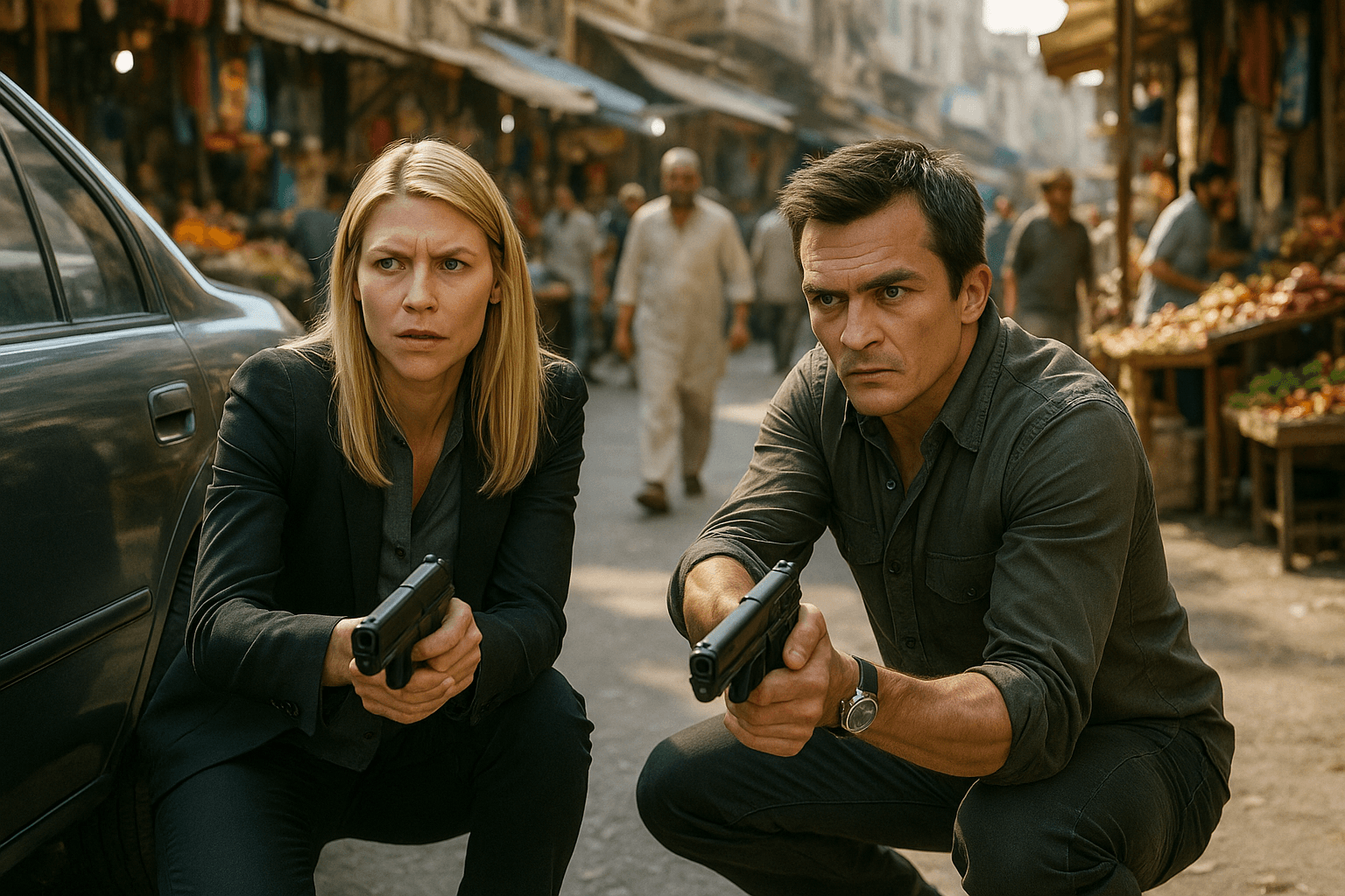 Carrie Mathison (Claire Danes) and Peter Quinn (Rupert Friend) take cover behind a car with guns drawn in a busy Middle Eastern marketplace, an intense action moment from Homeland highlighting its global espionage style.