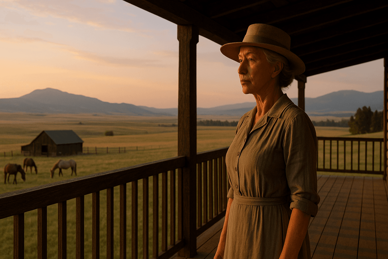 Cara Dutton stands on a ranch porch overlooking horses, pasture and mountains.