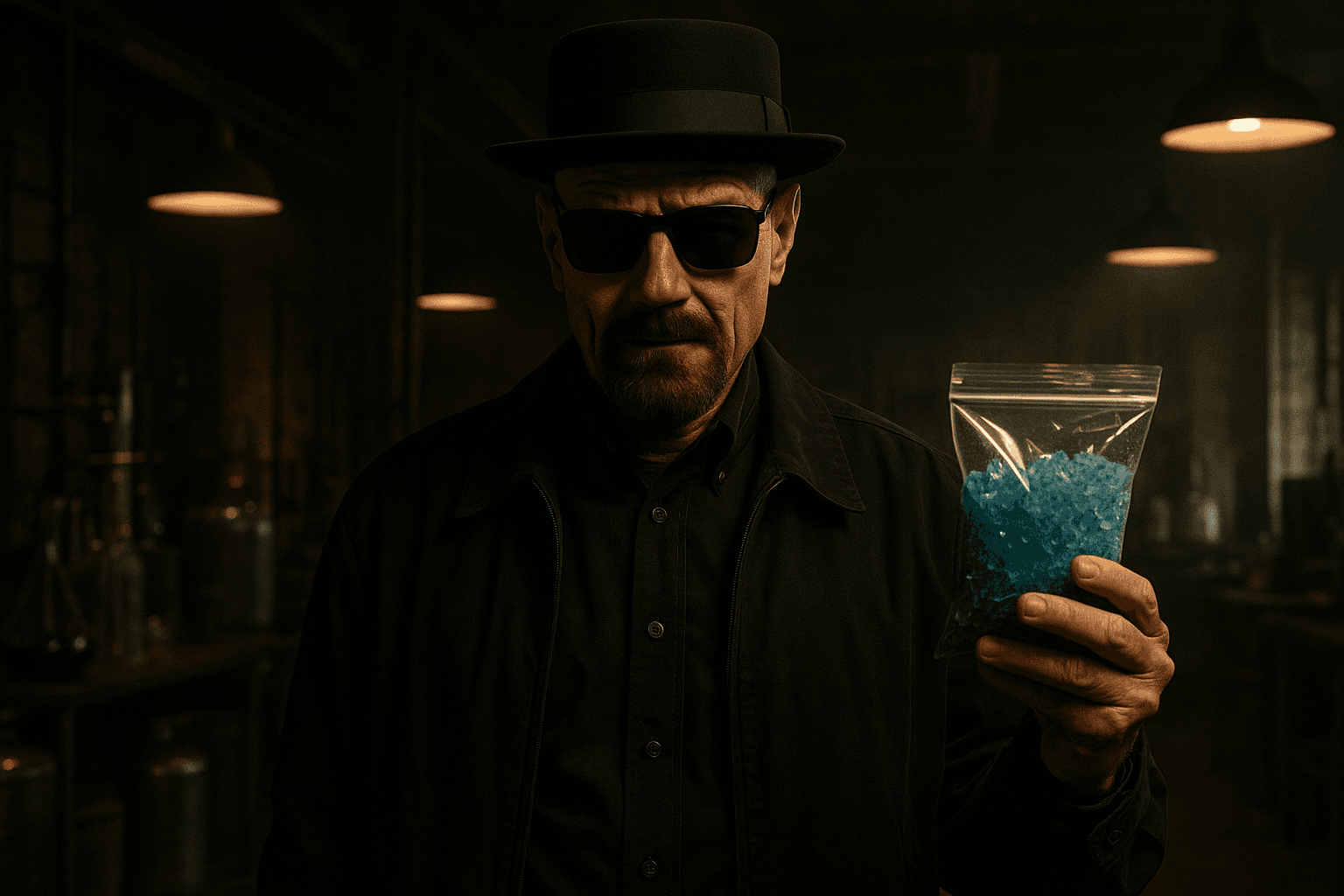 Bryan Cranston as Walter White in his Heisenberg outfit – black hat, sunglasses – holding a bag of blue meth in a dark warehouse, embodying the character's infamous transformation and iconic status in Breaking Bad.