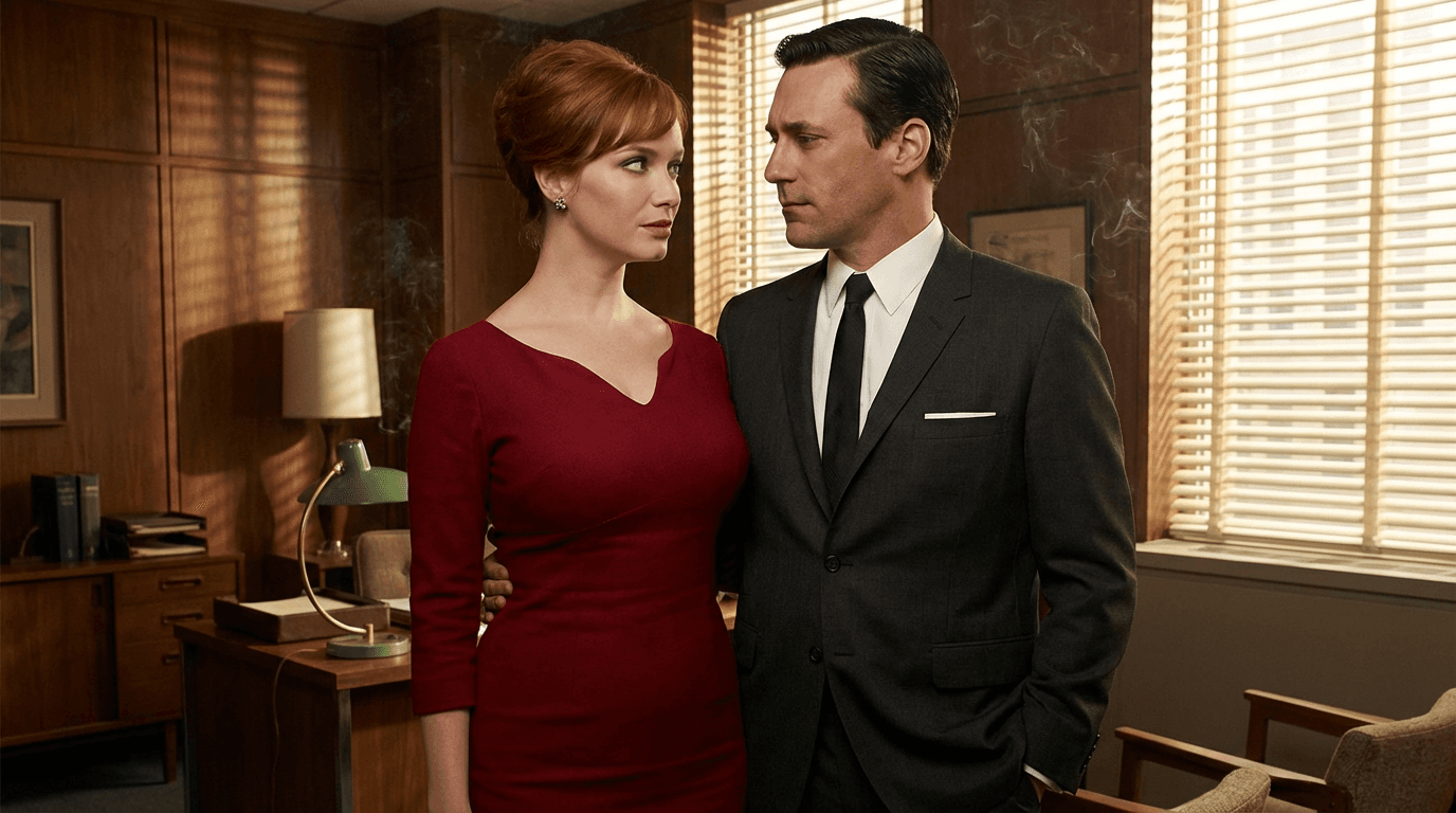 Illustration of Don Draper standing with an arm around Joan Holloway, who wears a red dress, in a wood-panelled office.