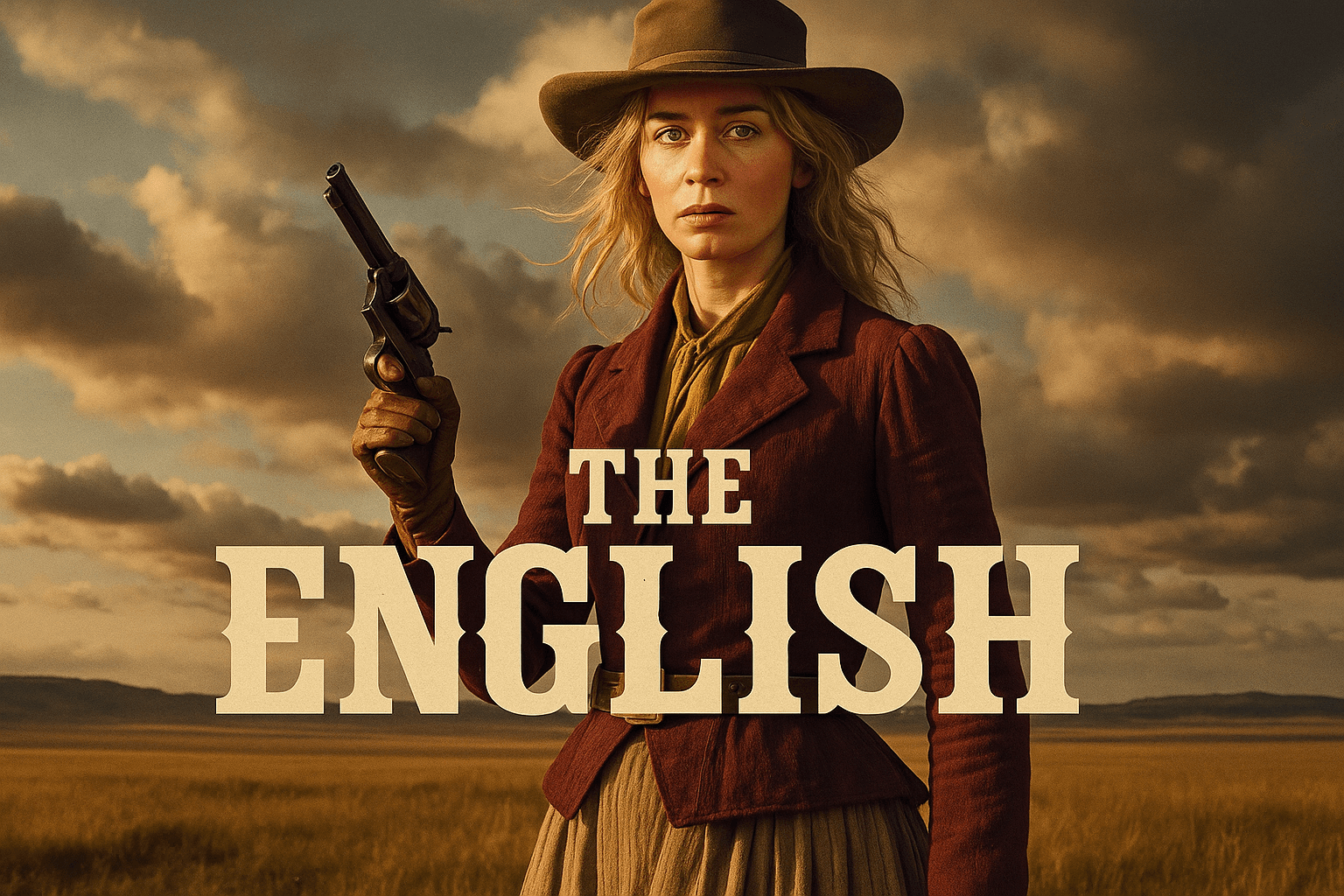 Official *The English* promotional image featuring Emily Blunt as Lady Cornelia Locke, poised with a revolver against a vast frontier landscape, with "The English" title text.