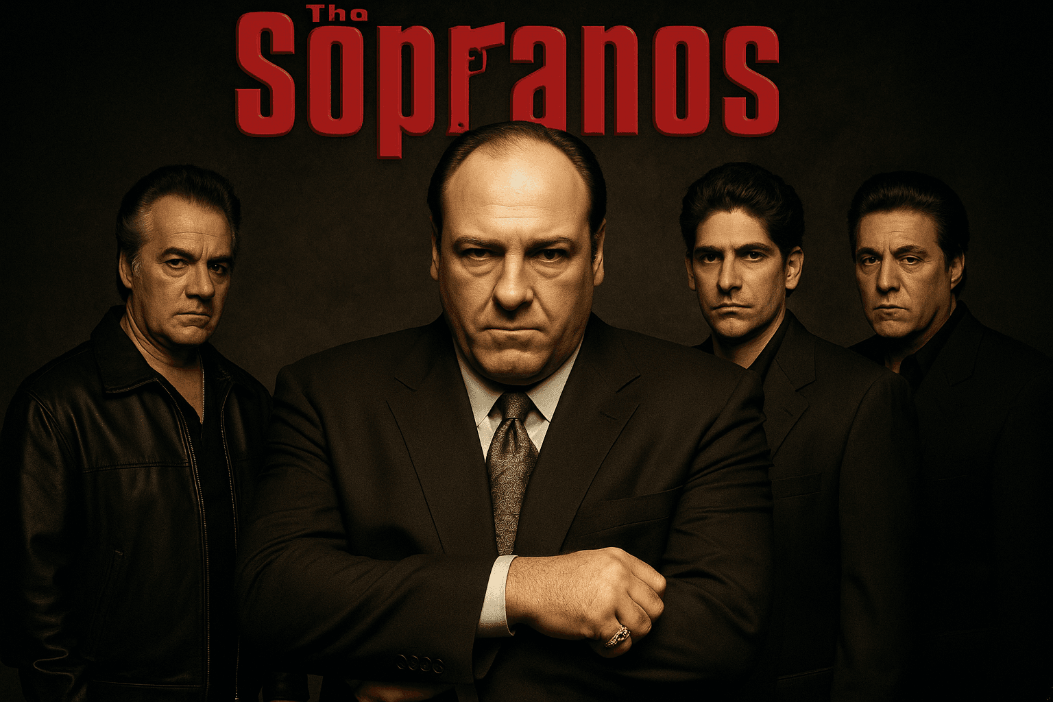 Official The Sopranos promotional image featuring Tony Soprano flanked by his crew, with The Sopranos title logo
