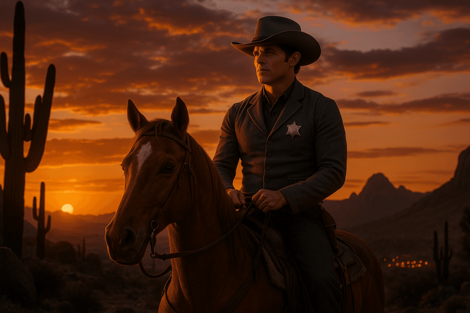 A cowboy wearing a sheriff's badge sits on horseback in a desert at sunset.