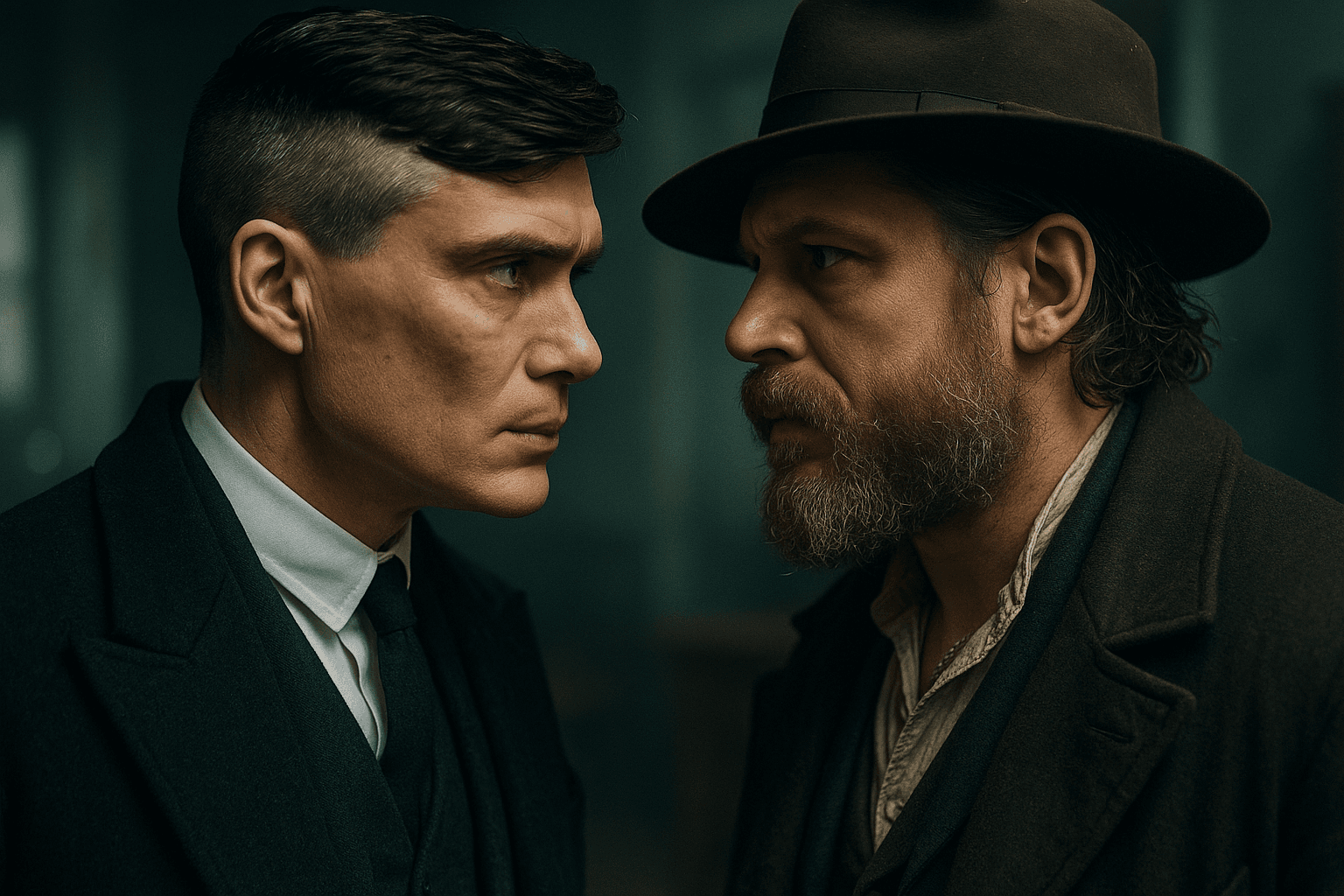 Close-up illustration of Tommy Shelby and a bearded Alfie Solomons facing each other.