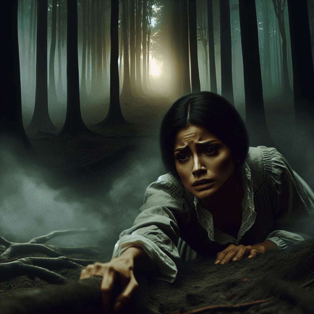 A woman reaching across exposed tree roots in a misty forest.
