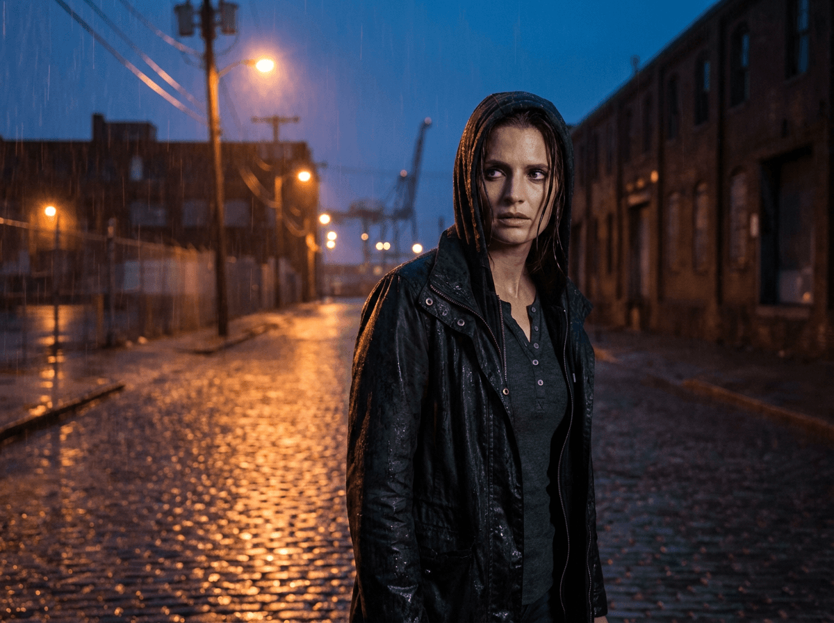 Emily Byrne in a dark hooded jacket on a wet industrial street, with lamps and a crane behind her.