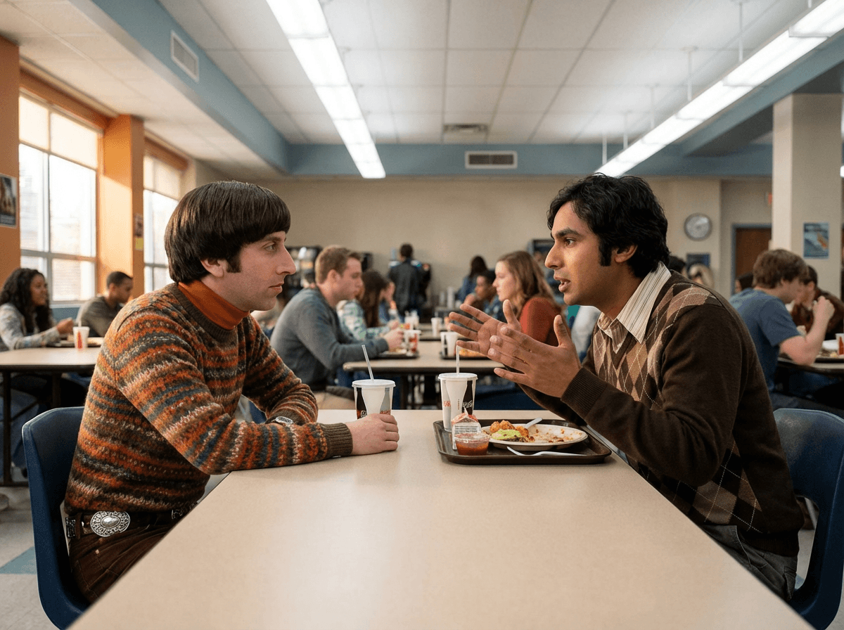 Howard and Raj sit opposite each other at a cafeteria table; Raj gestures over a lunch tray while Howard listens.