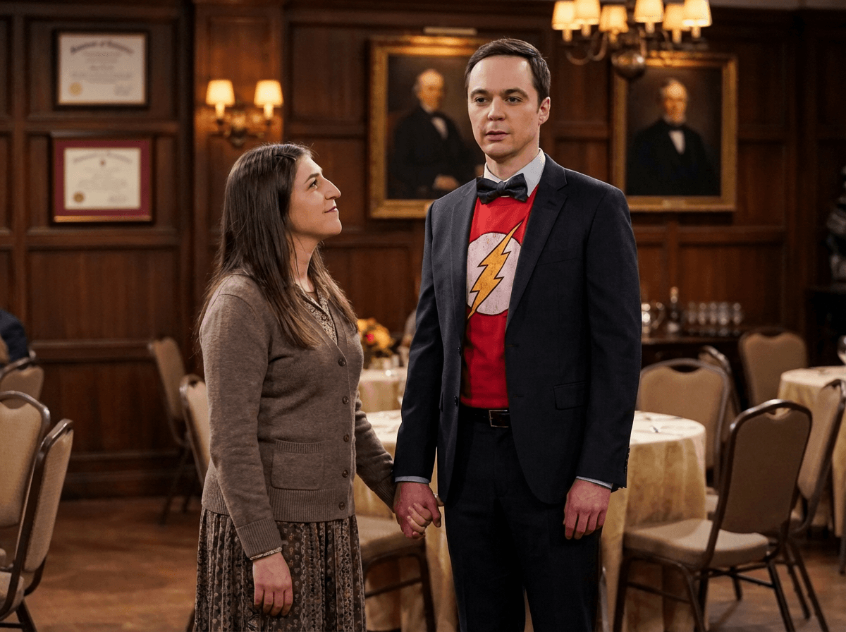 Amy stands beside Sheldon in a wood-panelled dining room; he wears a dark jacket and bow tie over a red superhero T-shirt.