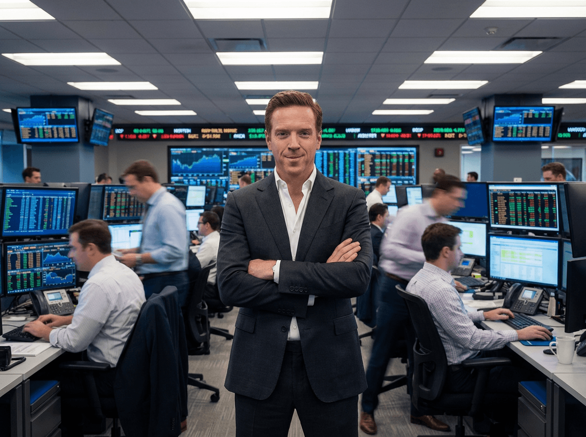 Damian Lewis as Bobby Axelrod standing on the Axe Capital trading floor in Billions, confident and commanding