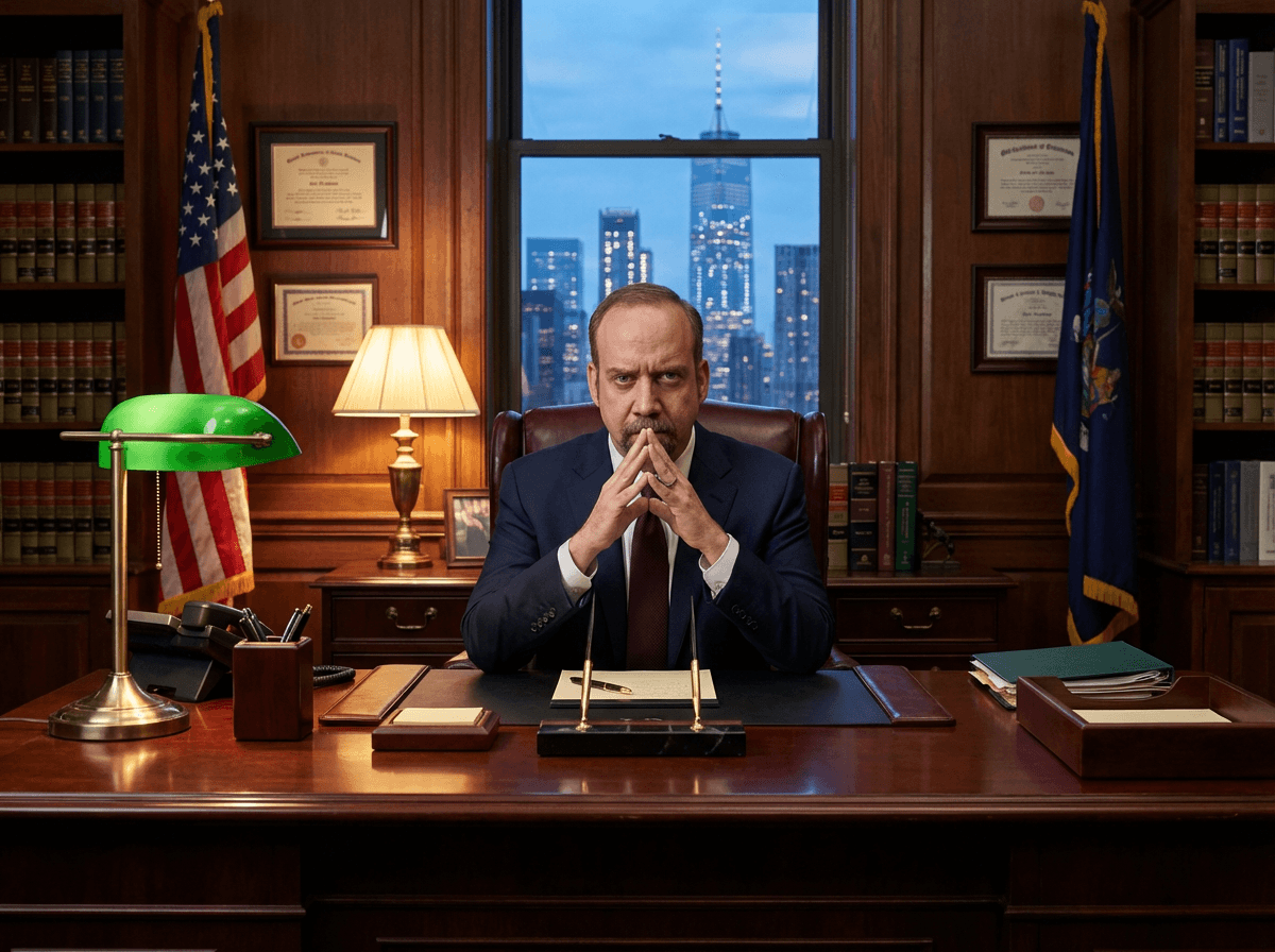 Paul Giamatti as Chuck Rhoades sitting behind his desk in the US Attorney office in Billions, intense and calculating