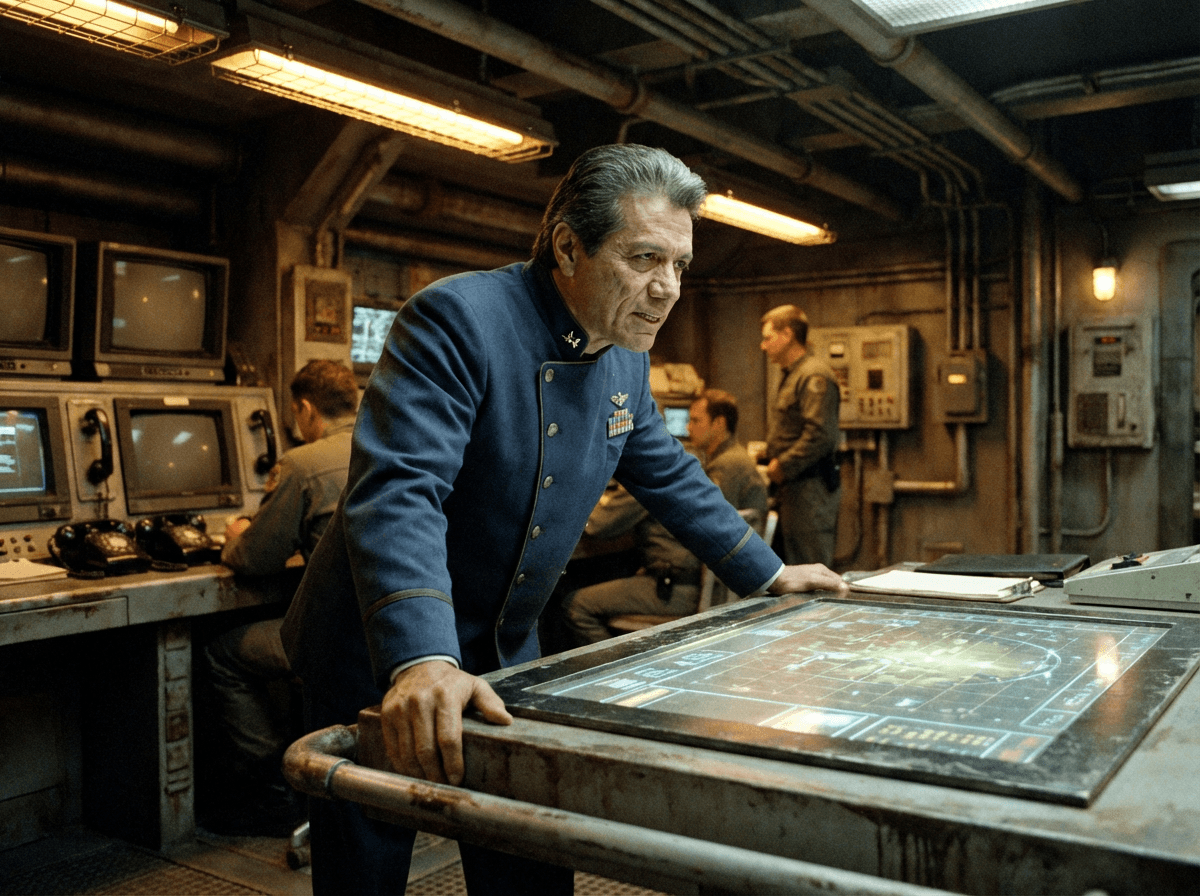 Commander William Adama leans over a plotting table in a crowded control room under amber lighting.