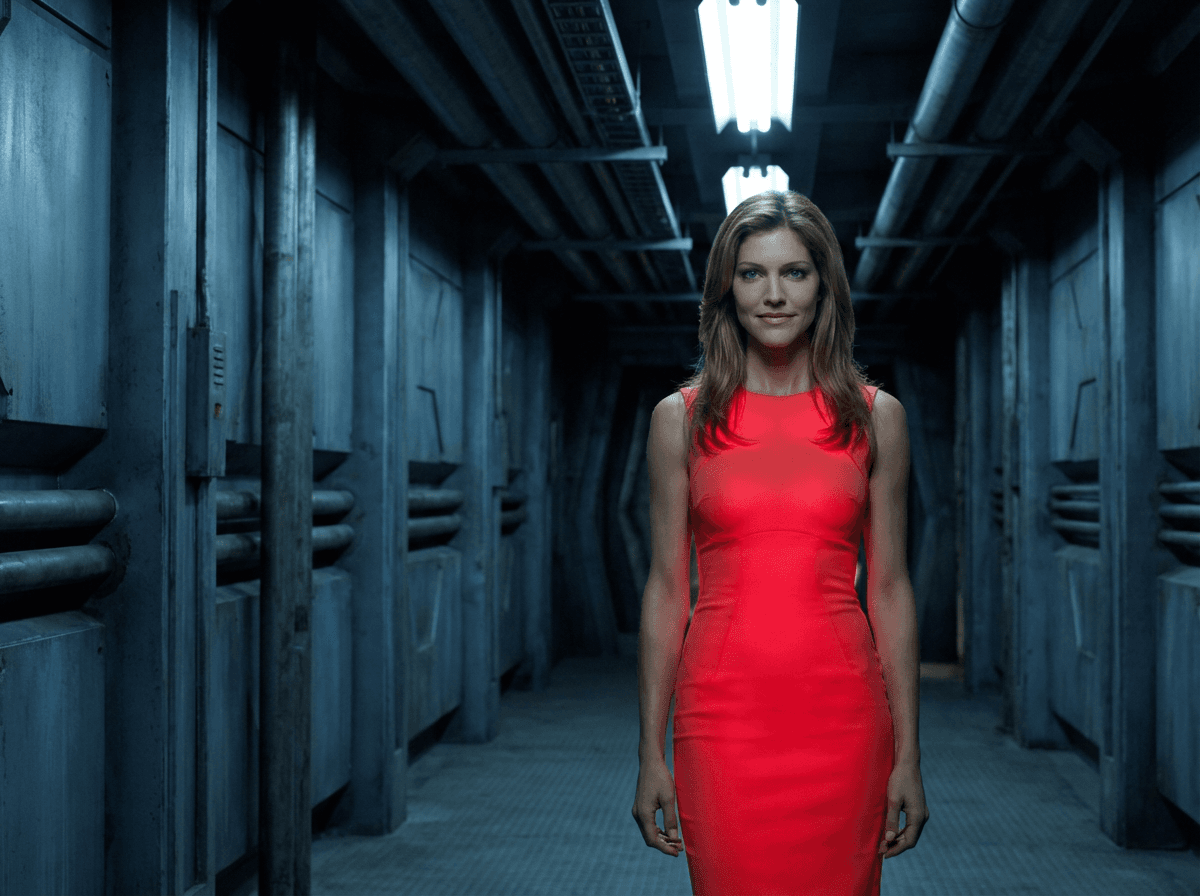 Number Six in a red dress, standing in a dim blue industrial corridor.