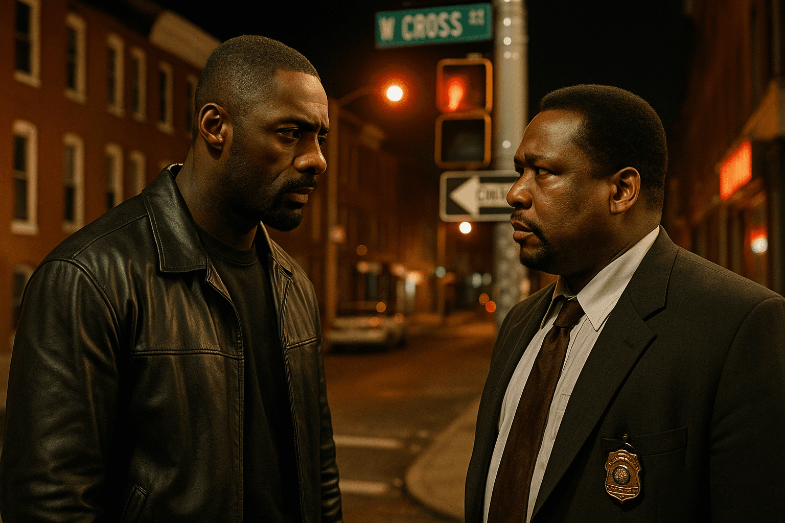 Stringer Bell and Bunk Moreland face one another on a street at night.