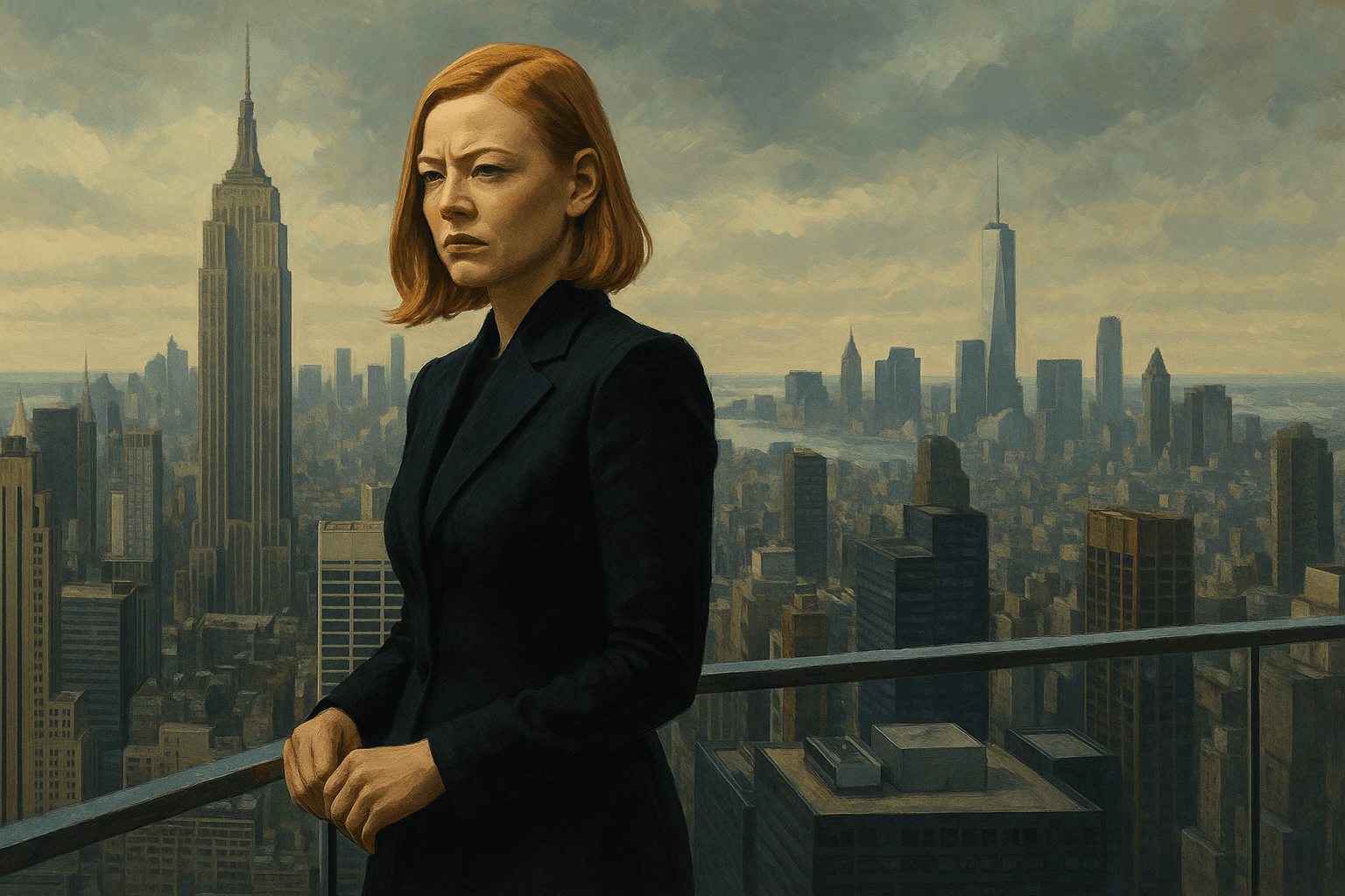 Shiv Roy overlooking Manhattan skyline, symbolizing isolation and ambition