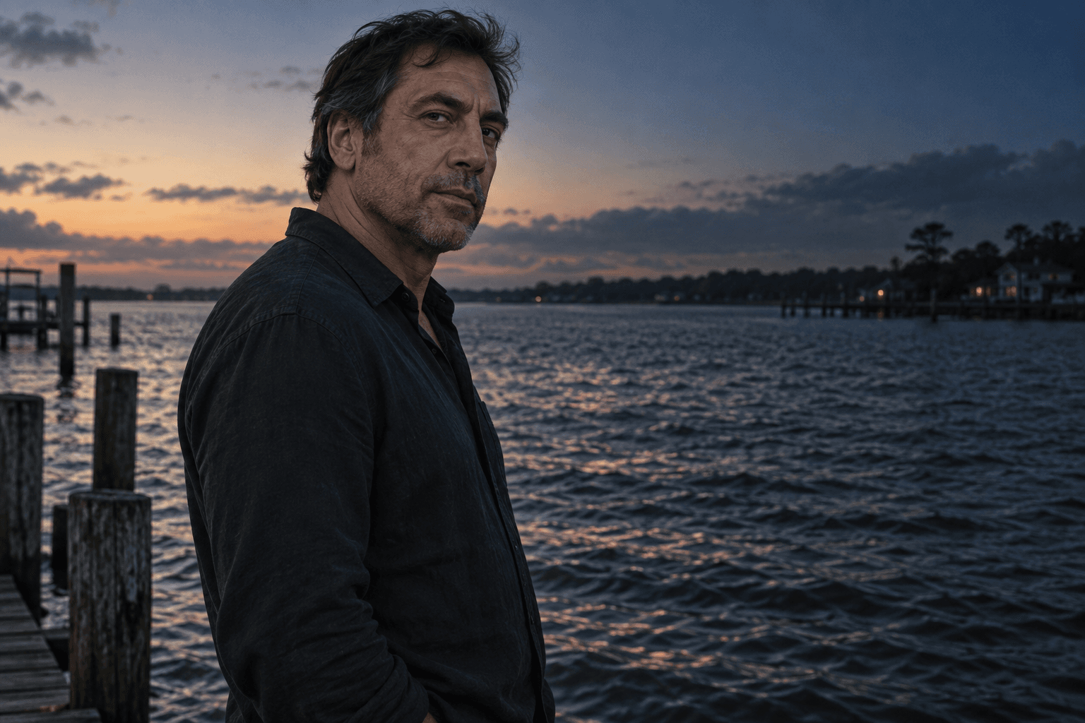 Javier Bardem as Max Cady in a dark shirt beside the water at dusk.