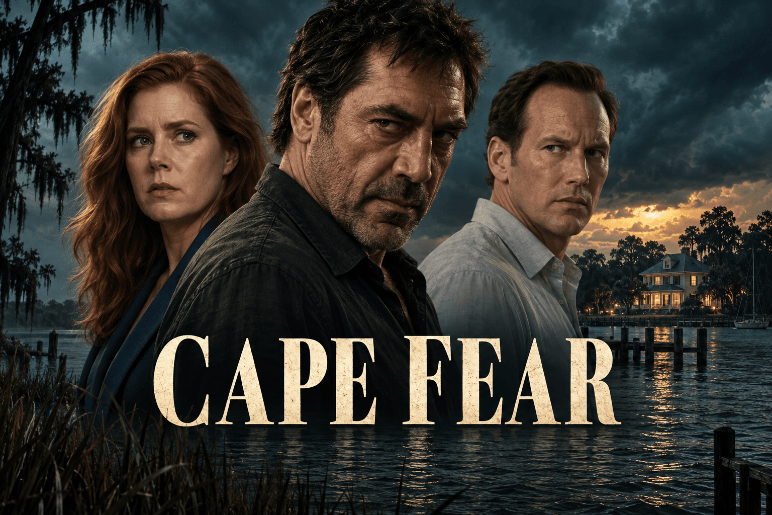 Javier Bardem, Amy Adams and Patrick Wilson above dark water, a lit house and the Cape Fear title.